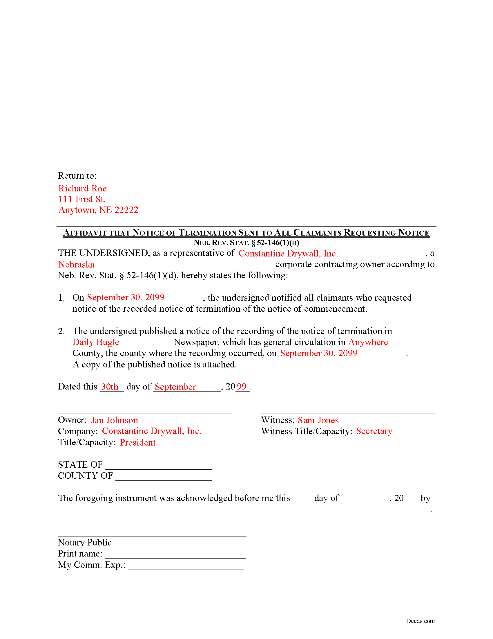 Completed Example of the Notice of Termination Affidavit Document