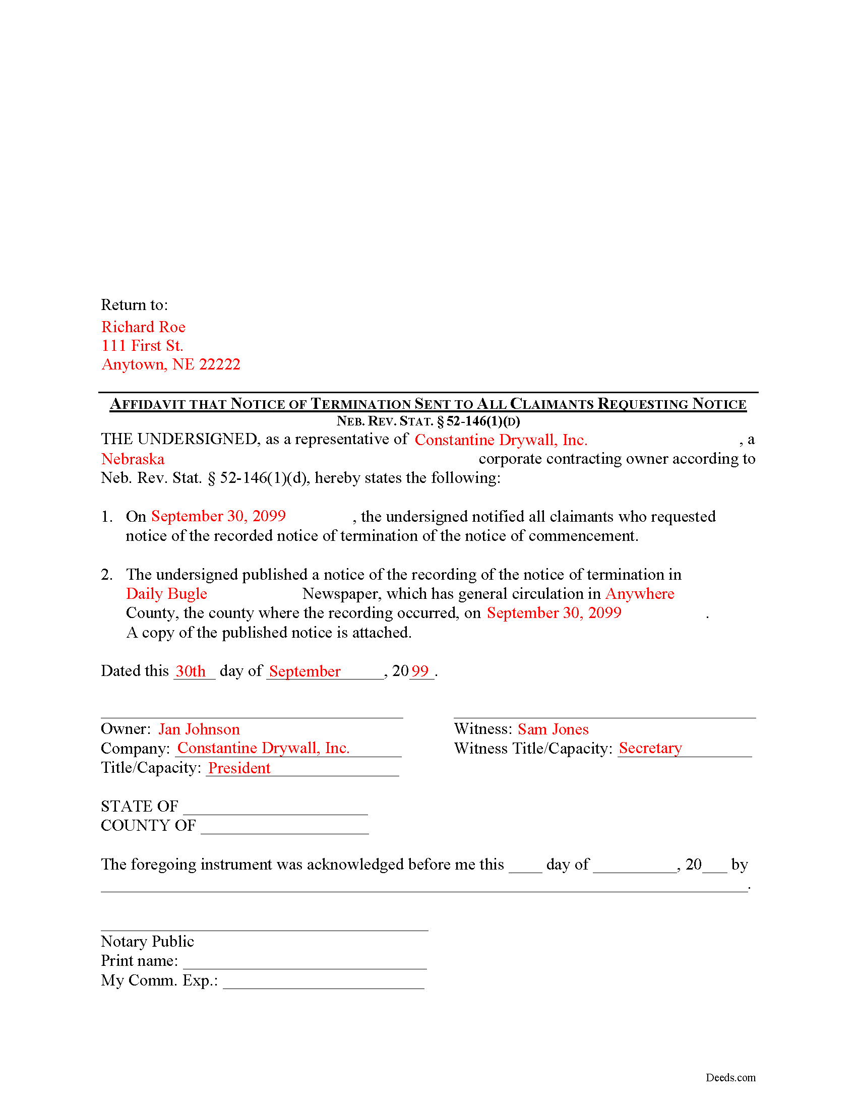 Cuming County Completed Example of the Notice of Termination Affidavit Document