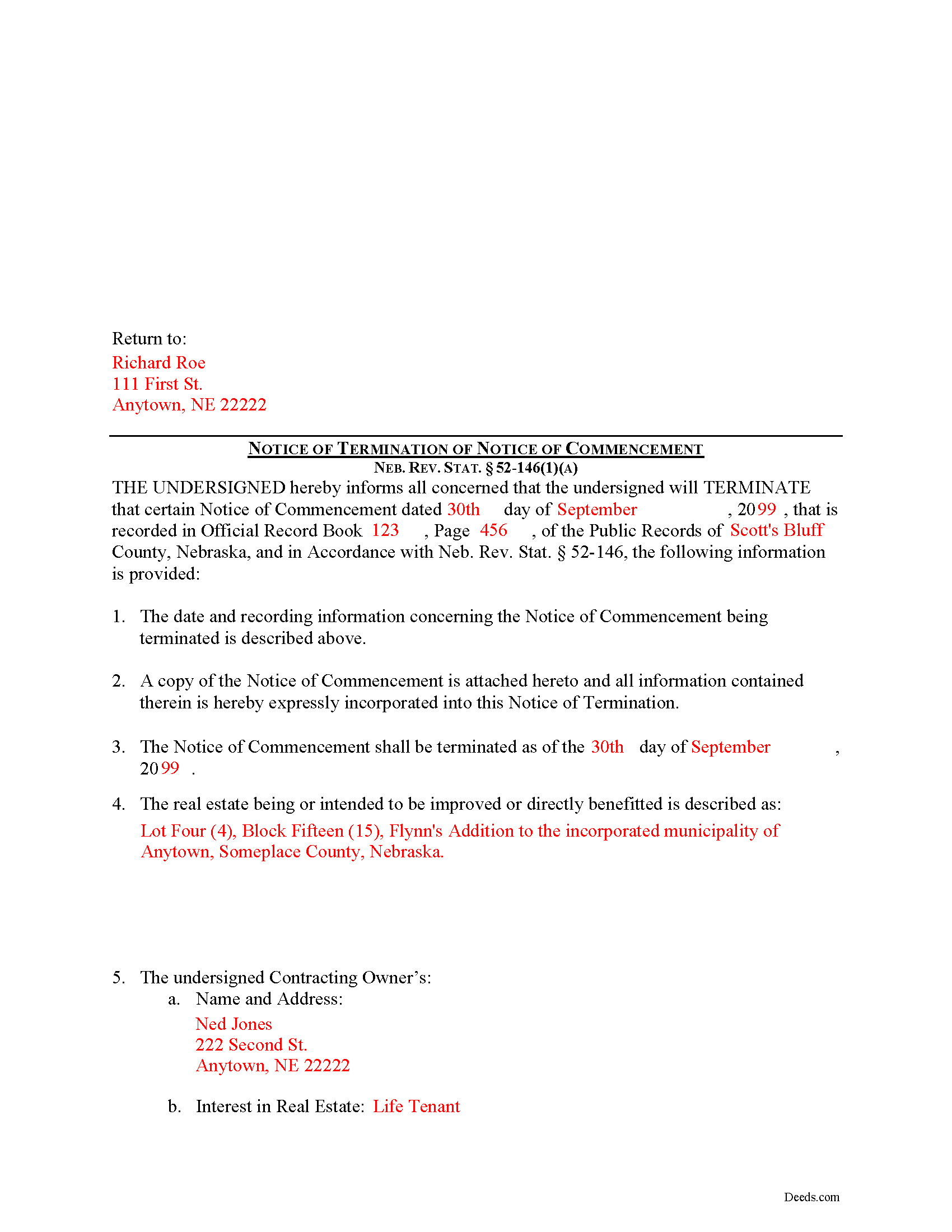 Saunders County Completed Example of the Notice of Termination Document