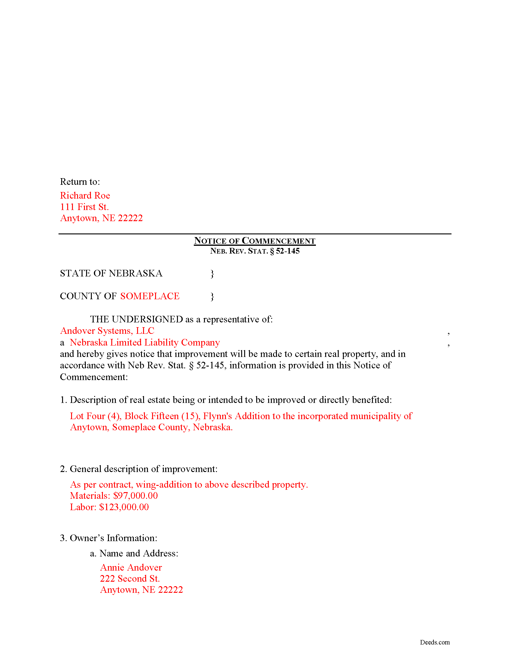 Completed Example of the Notice of Commencement Document
