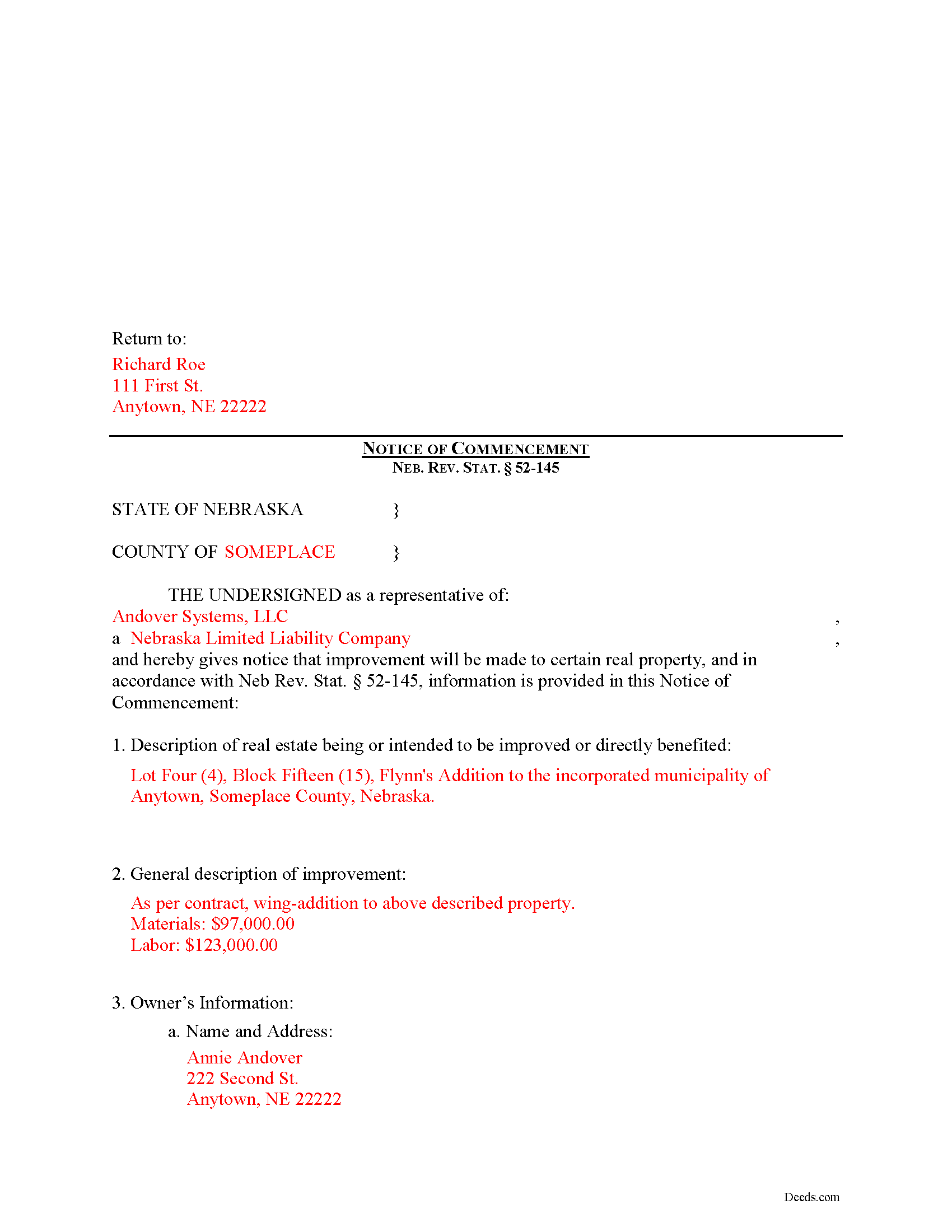 Cuming County Completed Example of the Notice of Commencement Document