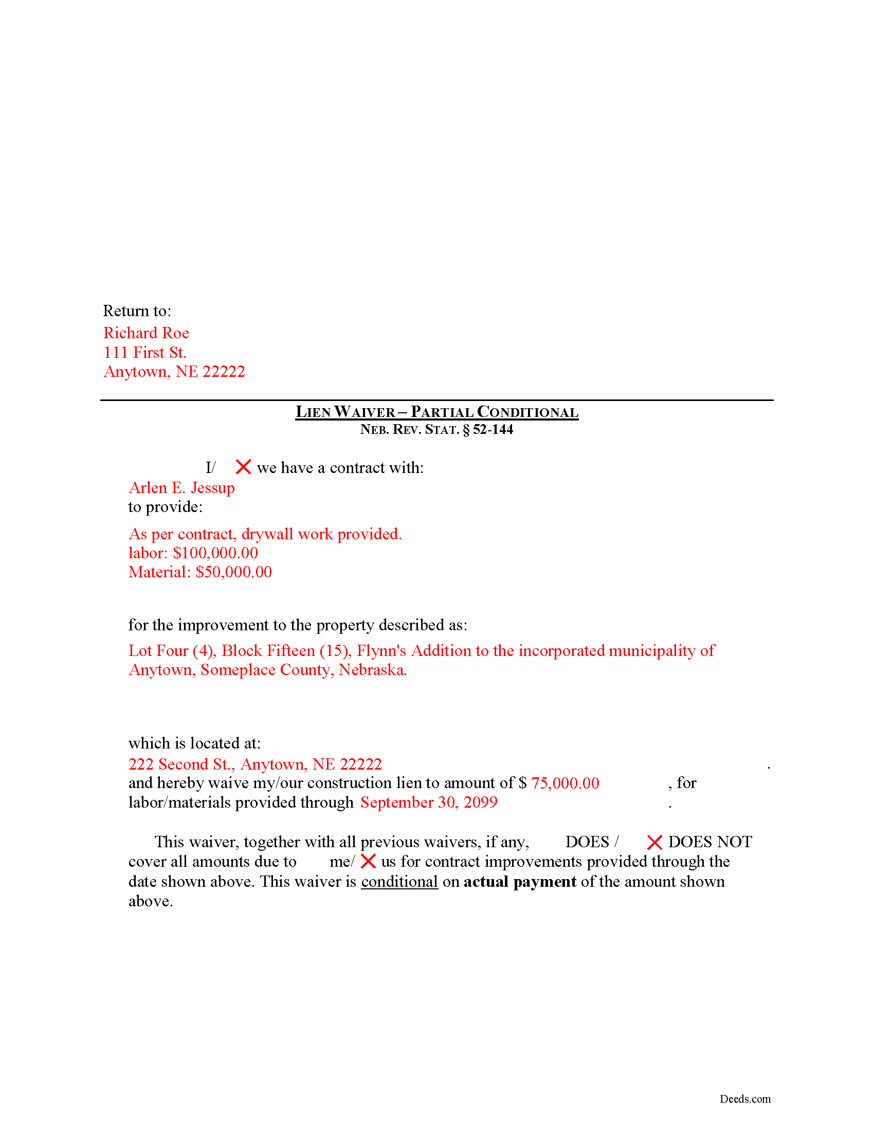 Thayer County Completed Example of the Partial Conditional Lien Waiver Document