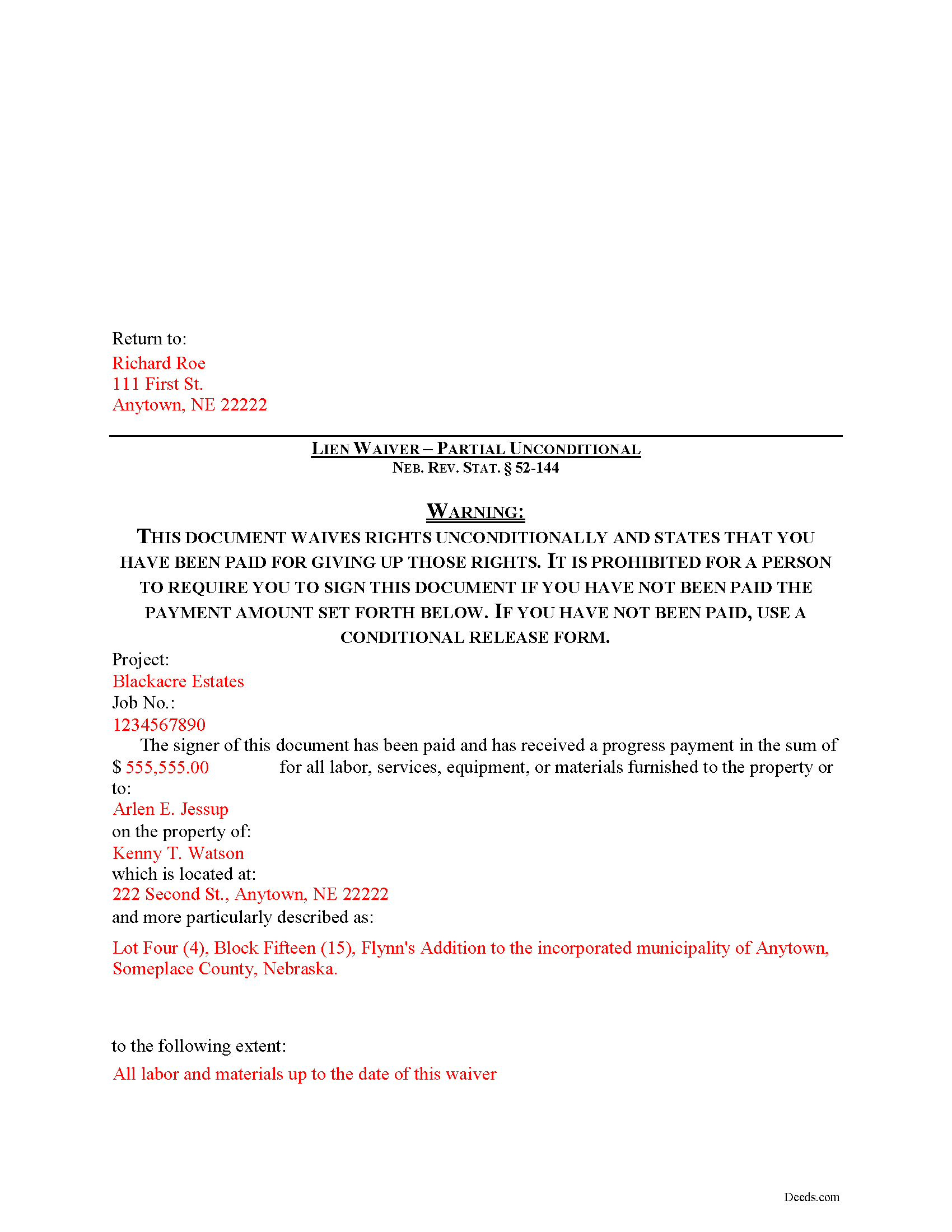 Thayer County Completed Example of the Partial Unconditional Lien Waiver Document