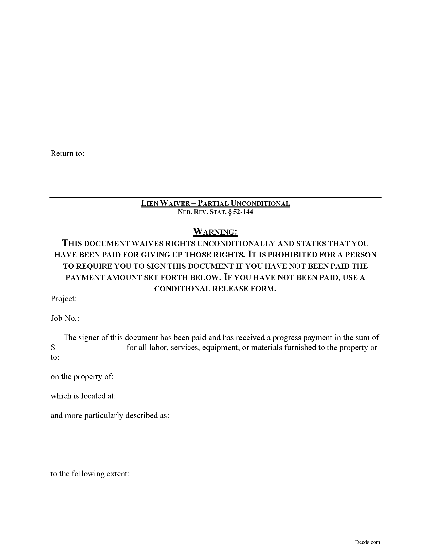 Thayer County Partial Unconditional Lien Waiver Form