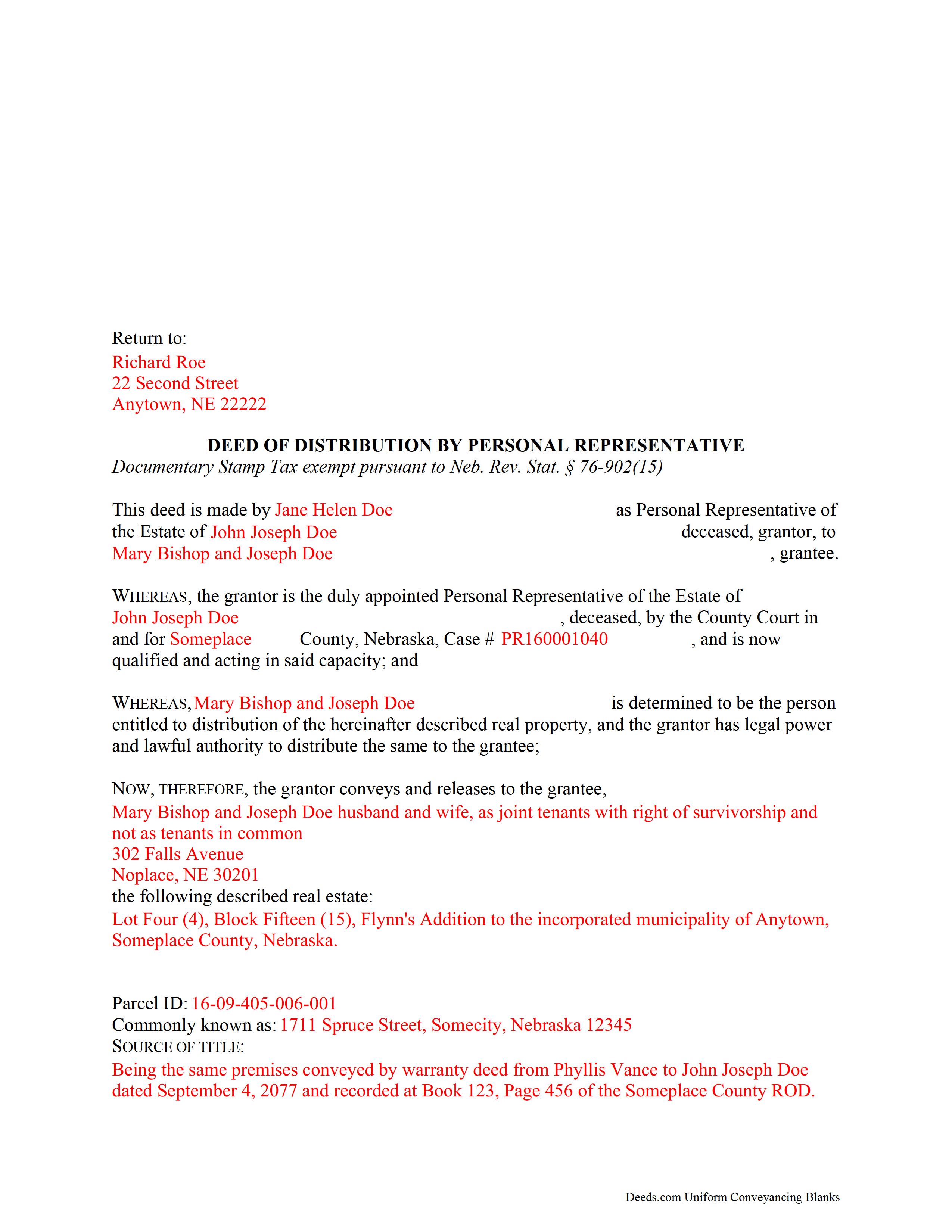 Webster County Completed Example of the Personal Representative Deed of Distribution Document