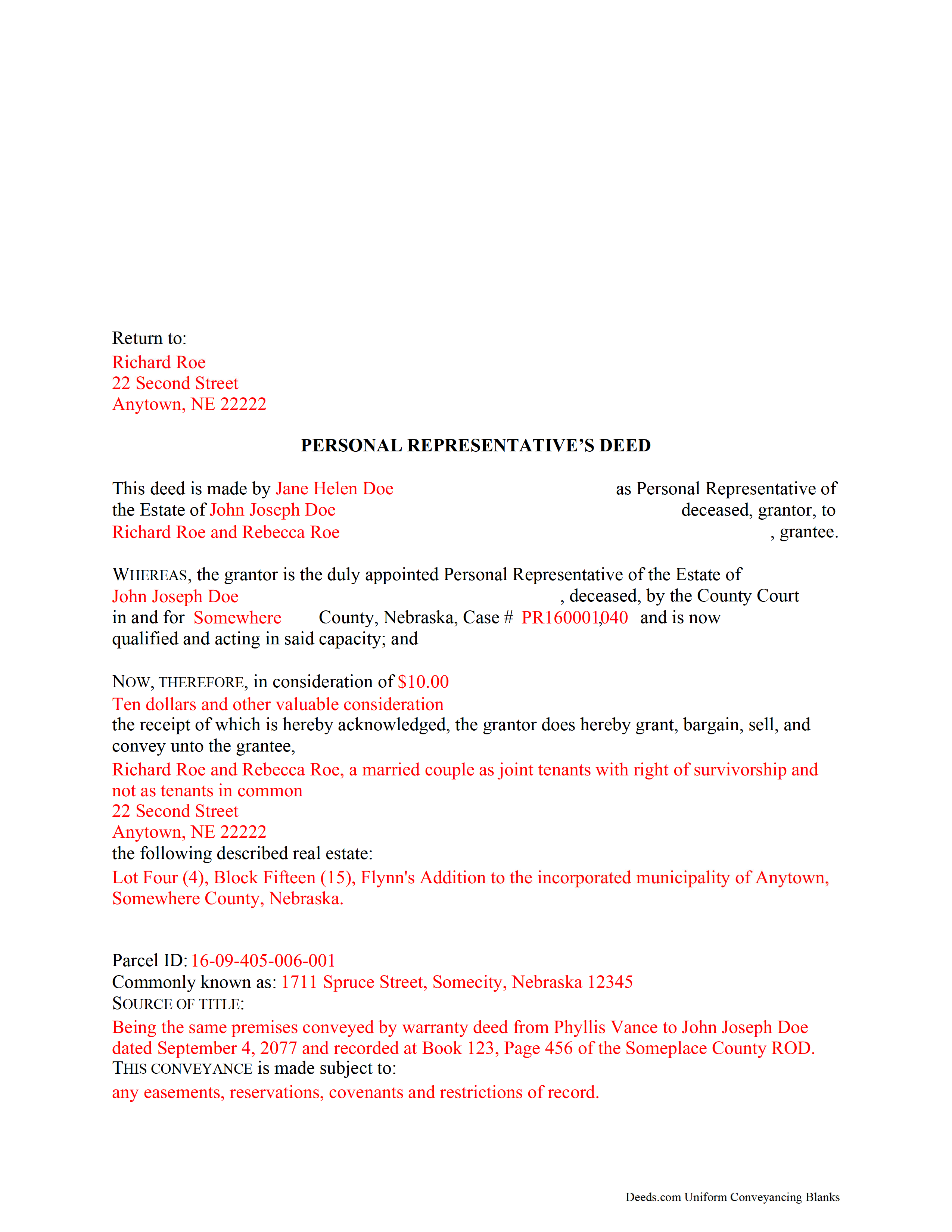 Completed Example of the Personal Representative Deed of Sale Document