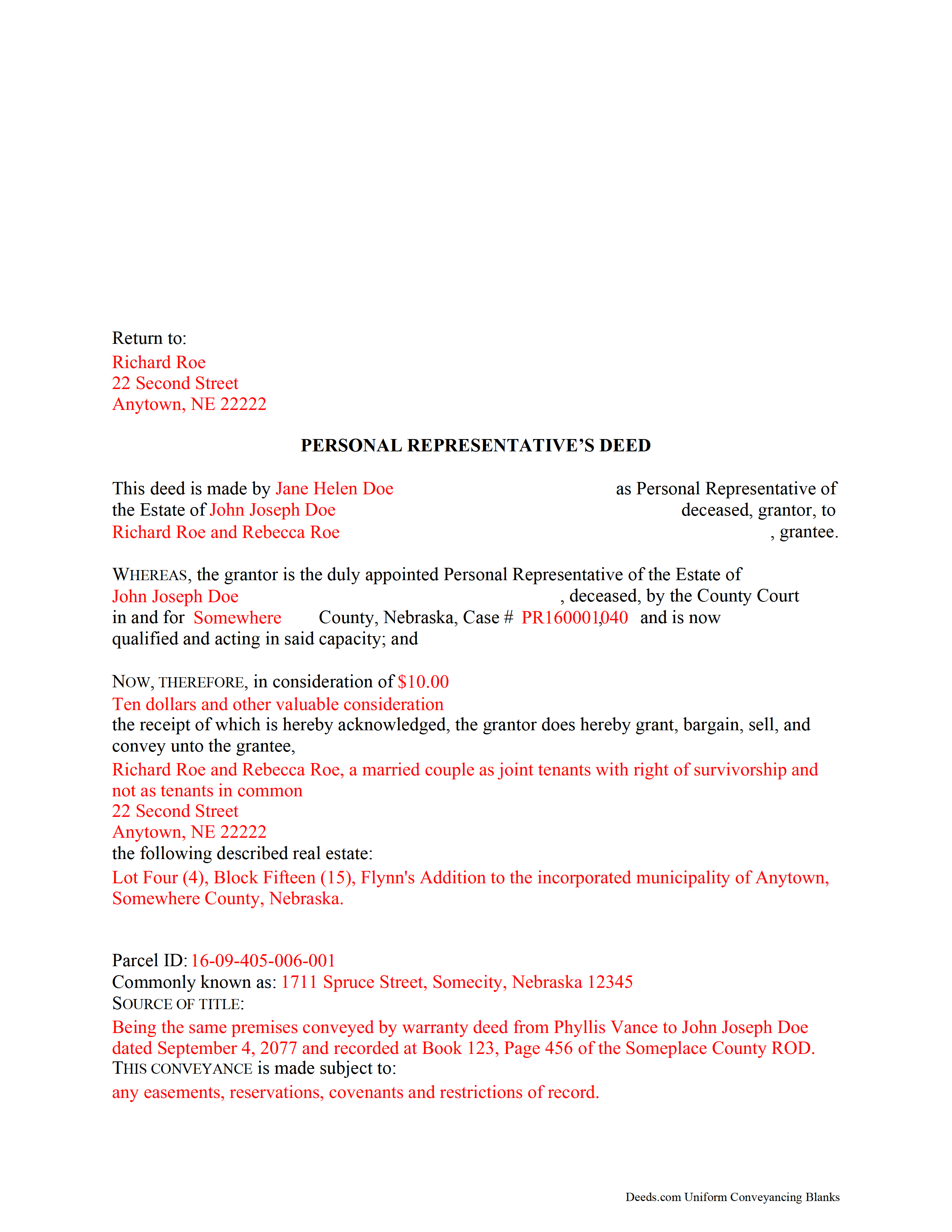 Cuming County Completed Example of the Personal Representative Deed of Sale Document