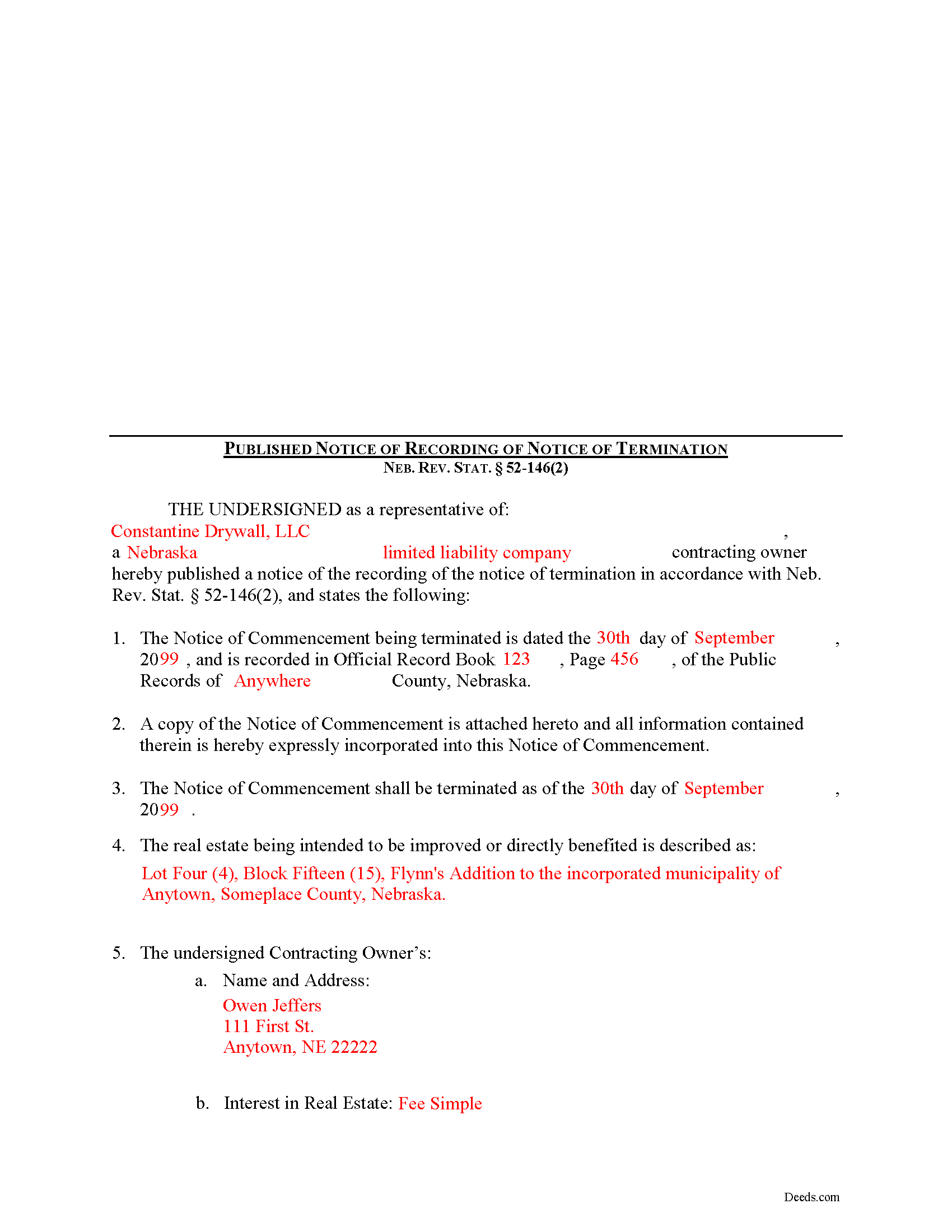 Completed Example of the Published Notice of Termination Document