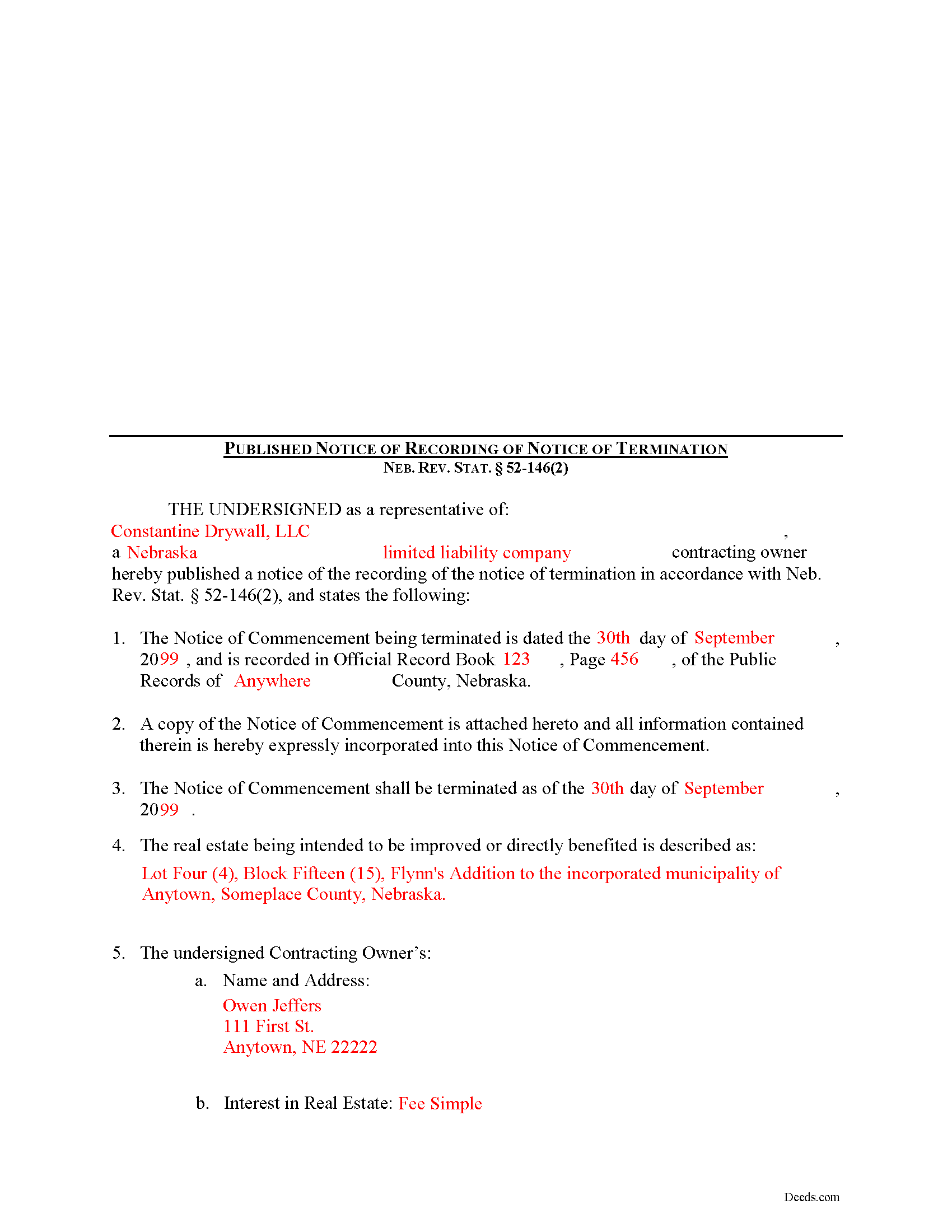 Cuming County Completed Example of the Published Notice of Termination Document