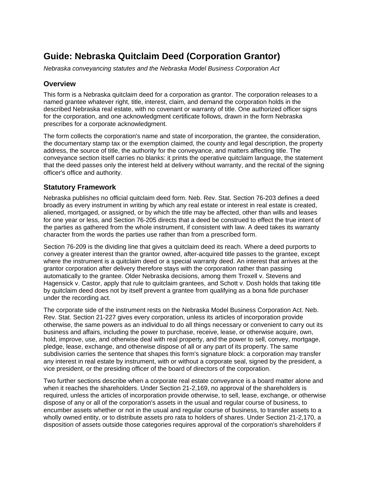 Greeley County Quitclaim Deed (Corporation Grantor) Guide