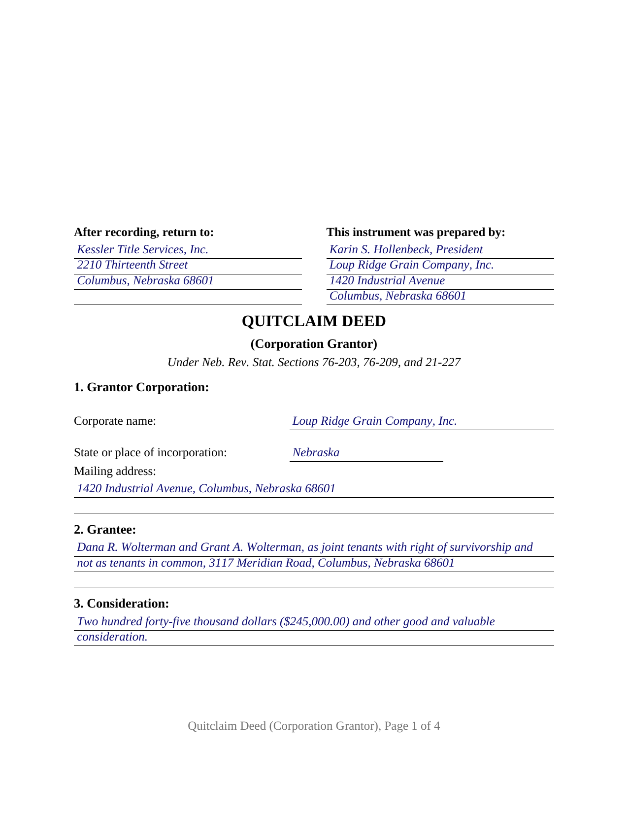 Greeley County Completed Example of the Quitclaim Deed (Corporation Grantor) Document