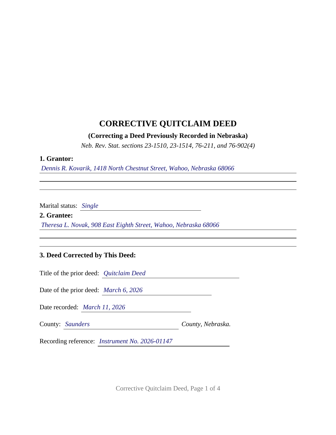 Pawnee County Completed Example of the Quitclaim Deed (Corrective) Document