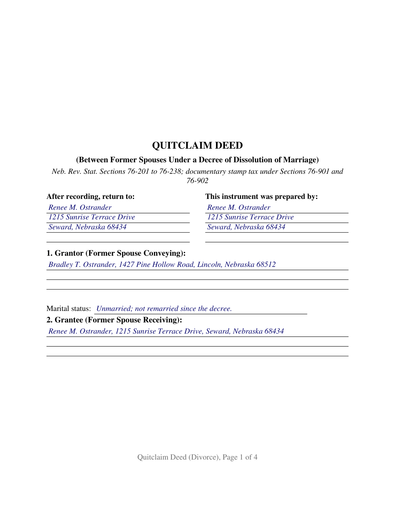 Nuckolls County Completed Example of the Quitclaim Deed (Divorce) Document