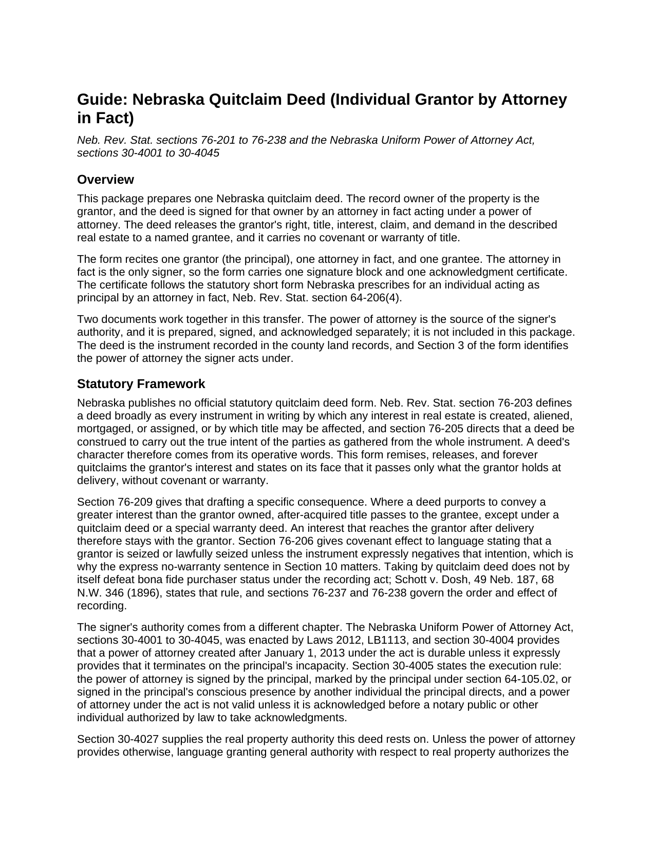 Otoe County Quitclaim Deed (Individual Grantor by Attorney in Fact) Guide