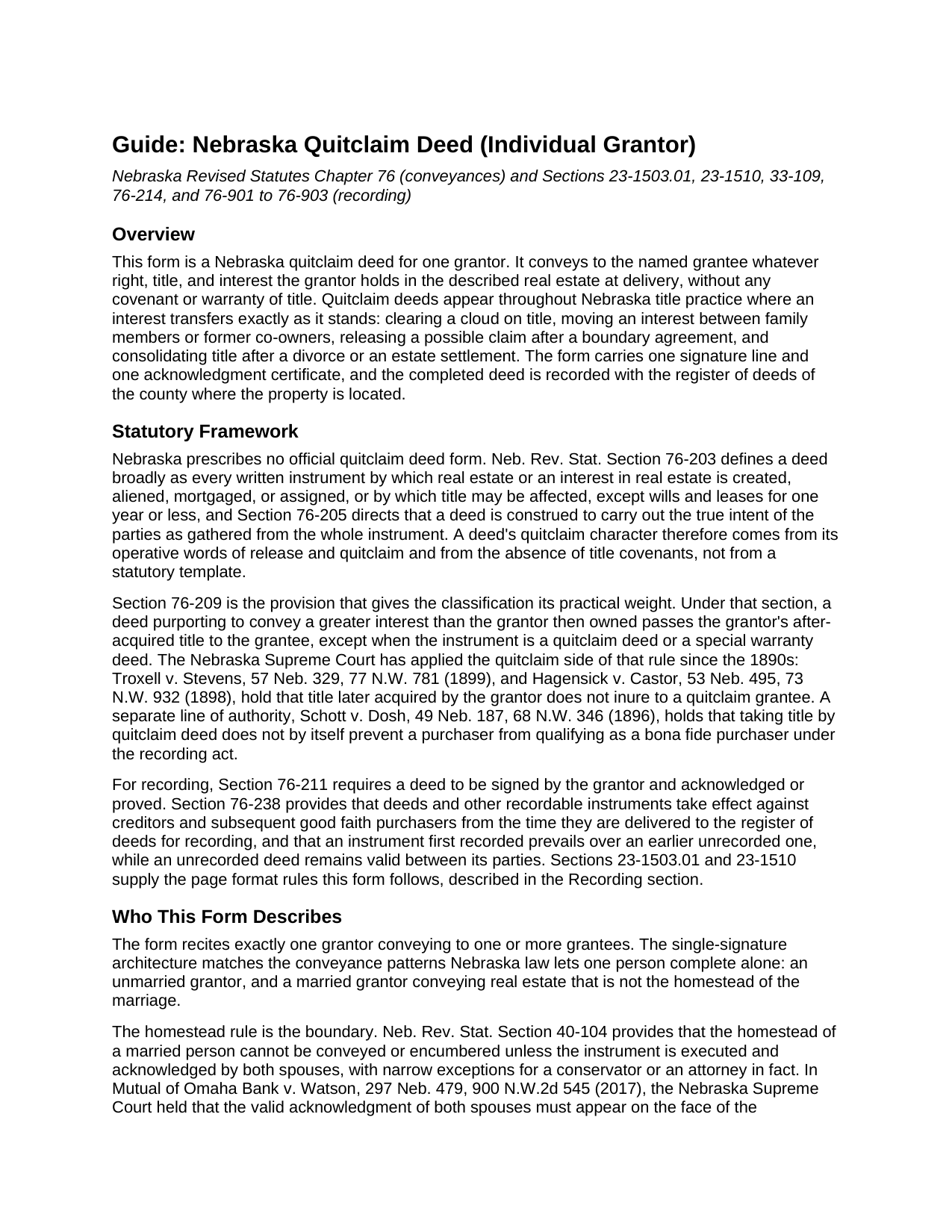 Arthur County Quitclaim Deed (Individual Grantor) Guide