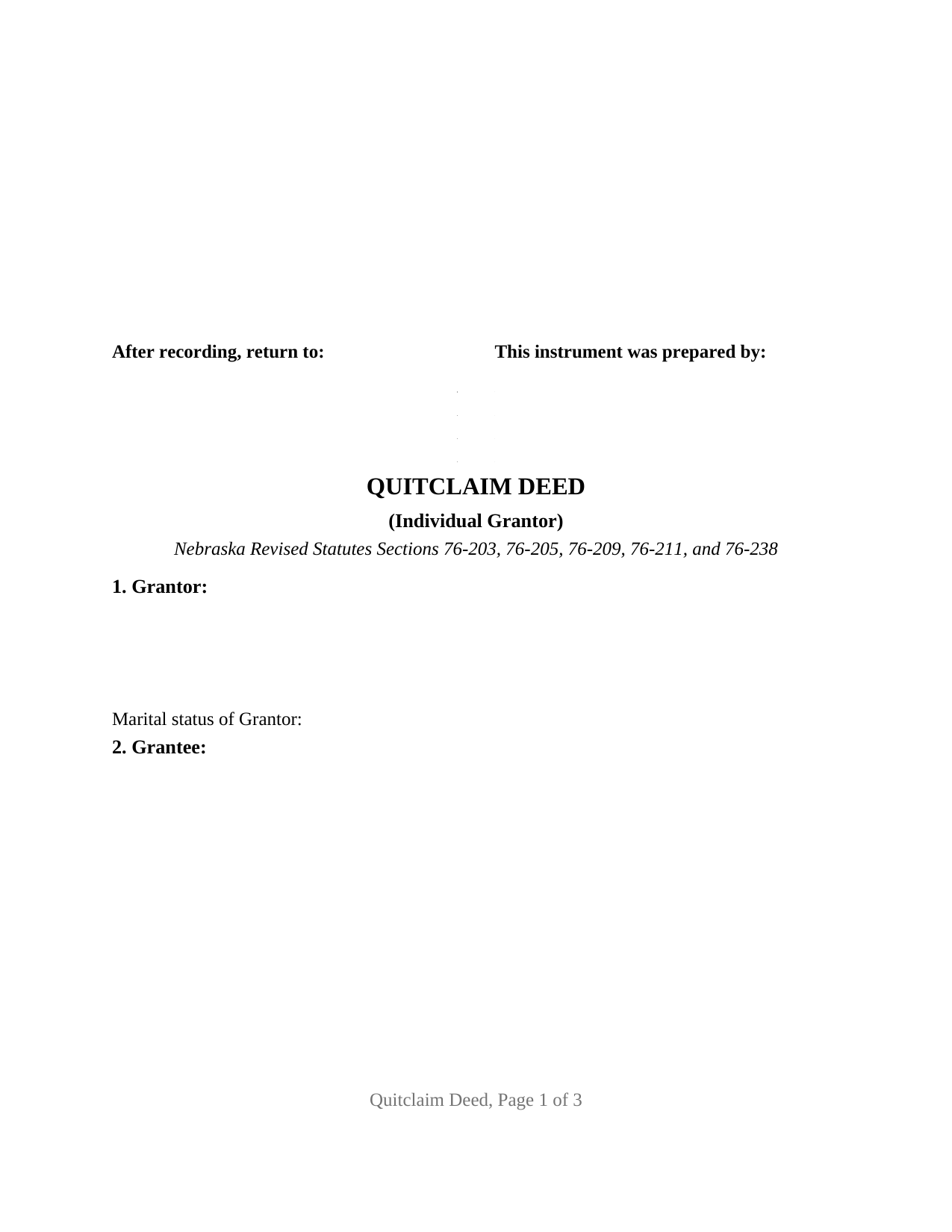 Arthur County Quitclaim Deed (Individual Grantor) Form
