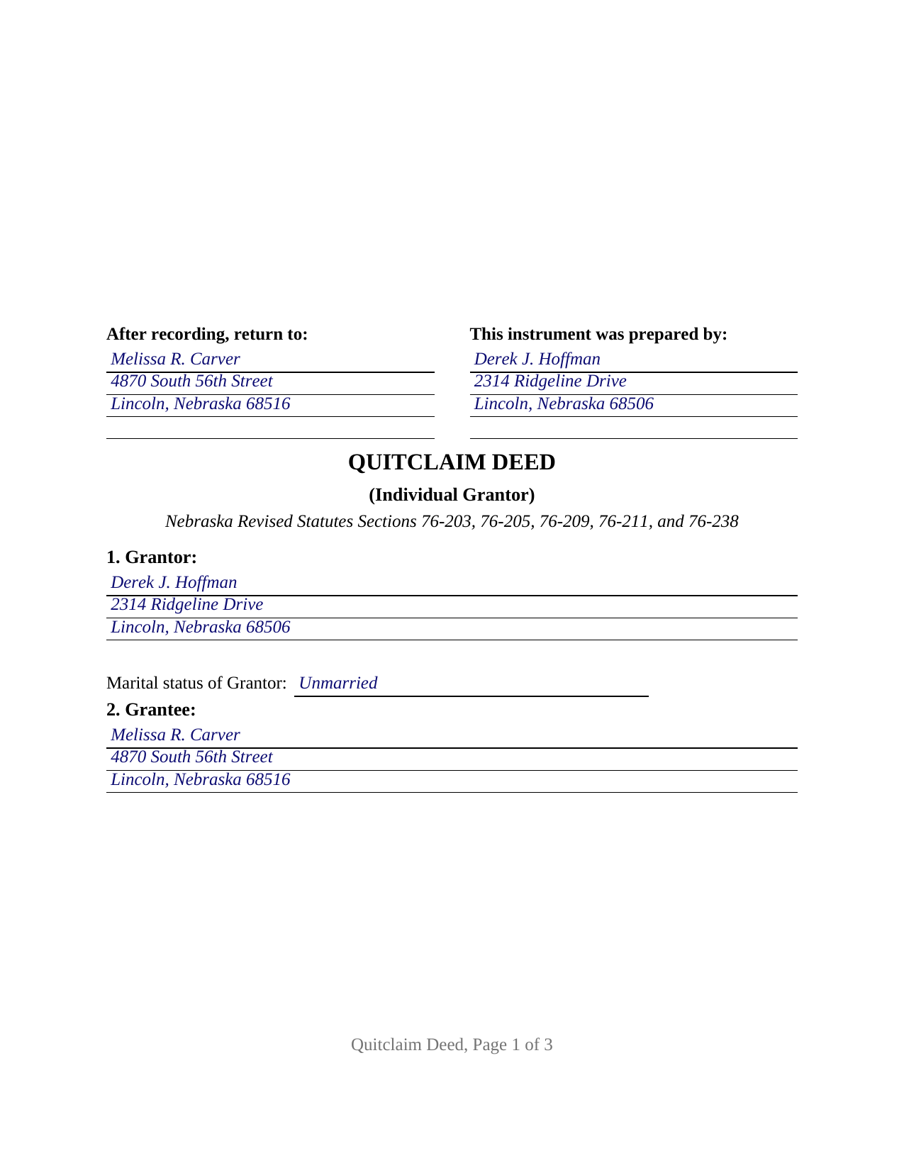 Arthur County Completed Example of the Quitclaim Deed (Individual Grantor) Document