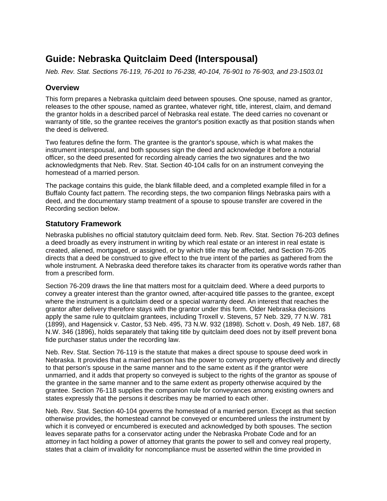 Otoe County Quitclaim Deed (Interspousal) Guide