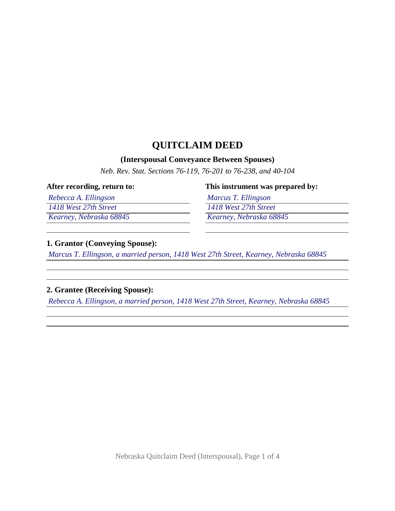 Otoe County Completed Example of the Quitclaim Deed (Interspousal) Document