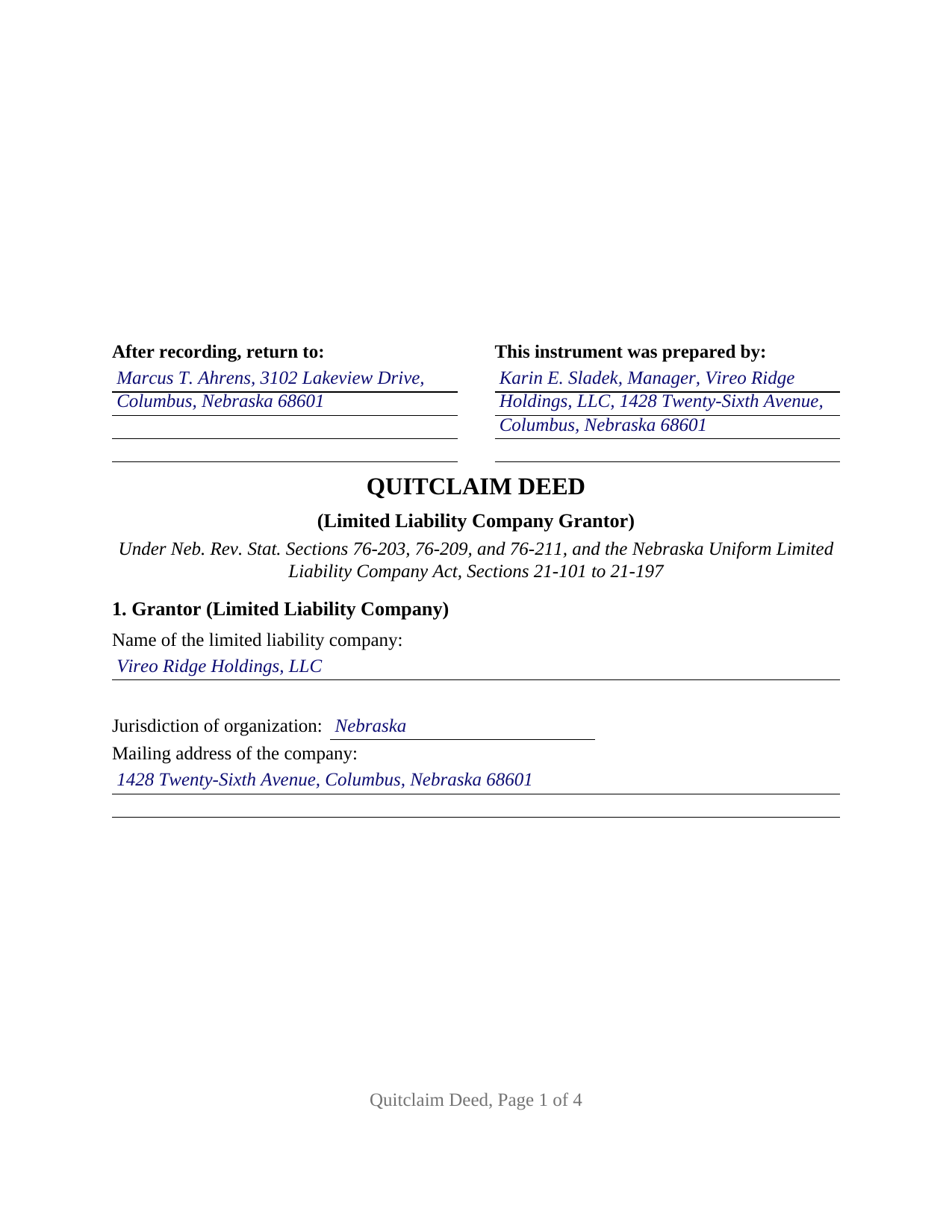 Boyd County Completed Example of the Quitclaim Deed (LLC Grantor) Document