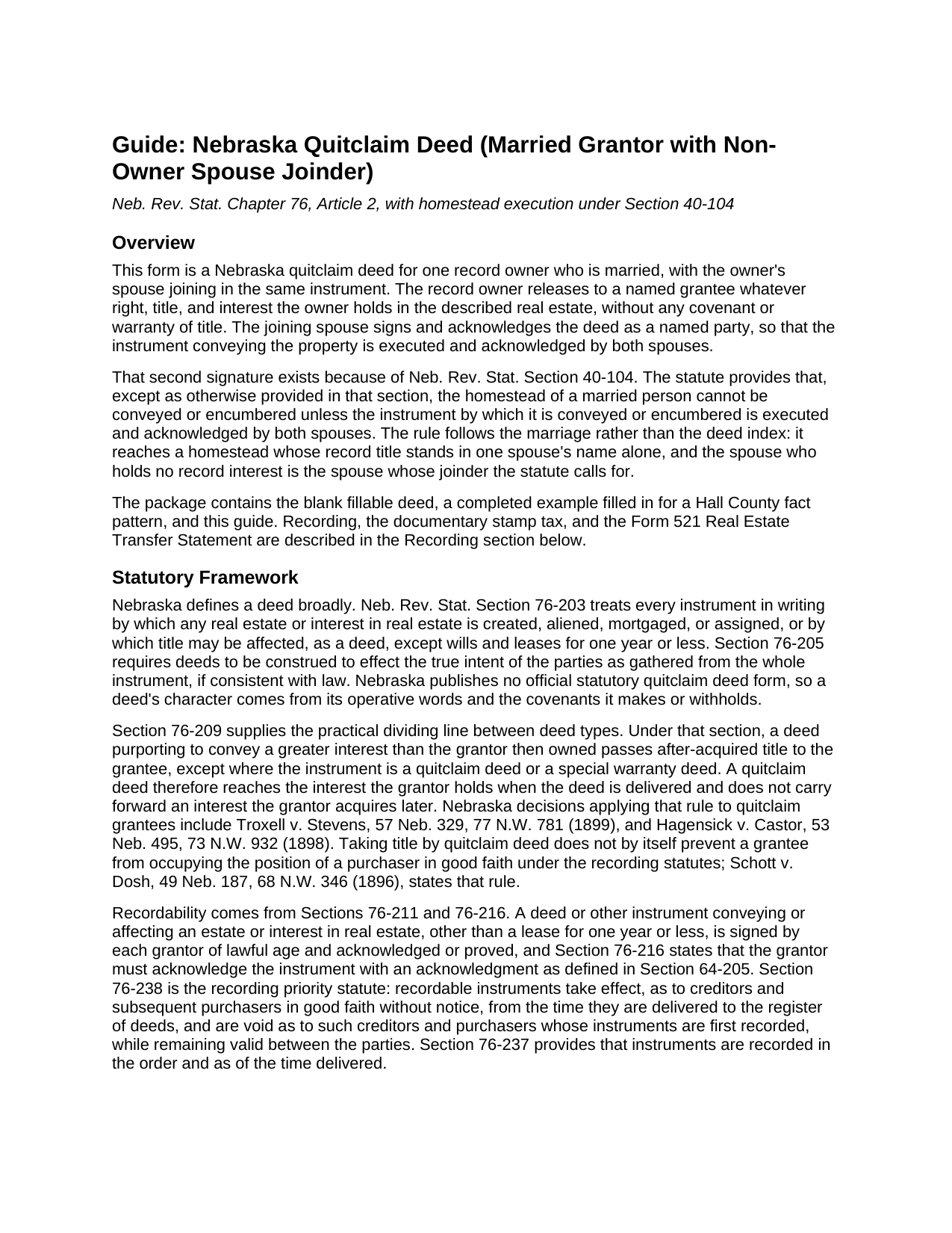 Cedar County Quitclaim Deed (Married Grantor with Non-Owner Spouse Joinder) Guide