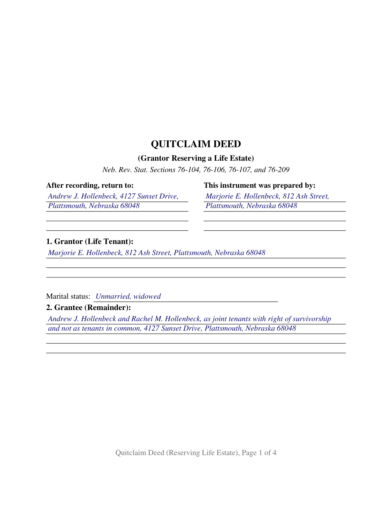 Hooker County Completed Example of the Quitclaim Deed (Reserving Life Estate) Document