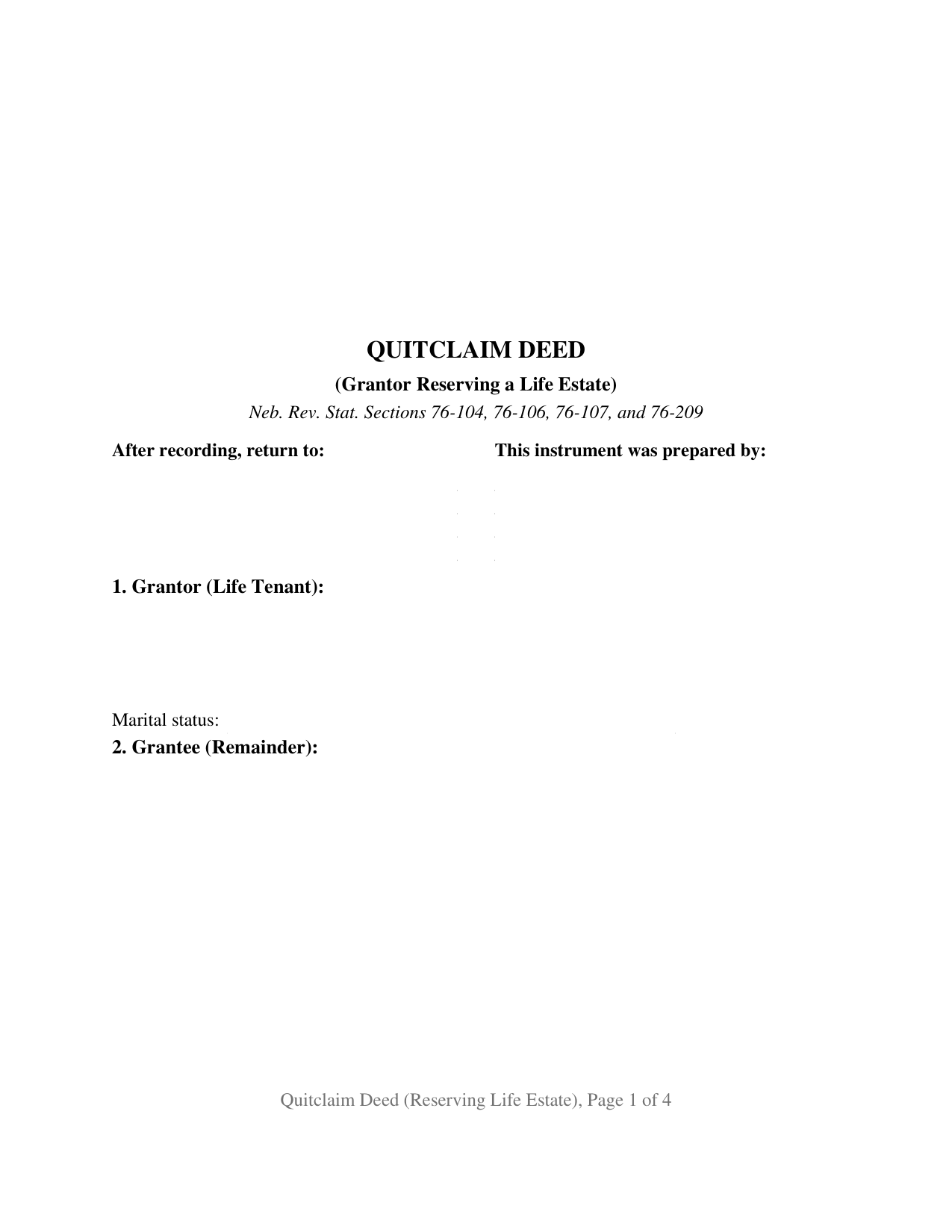 Hooker County Quitclaim Deed (Reserving Life Estate) Form