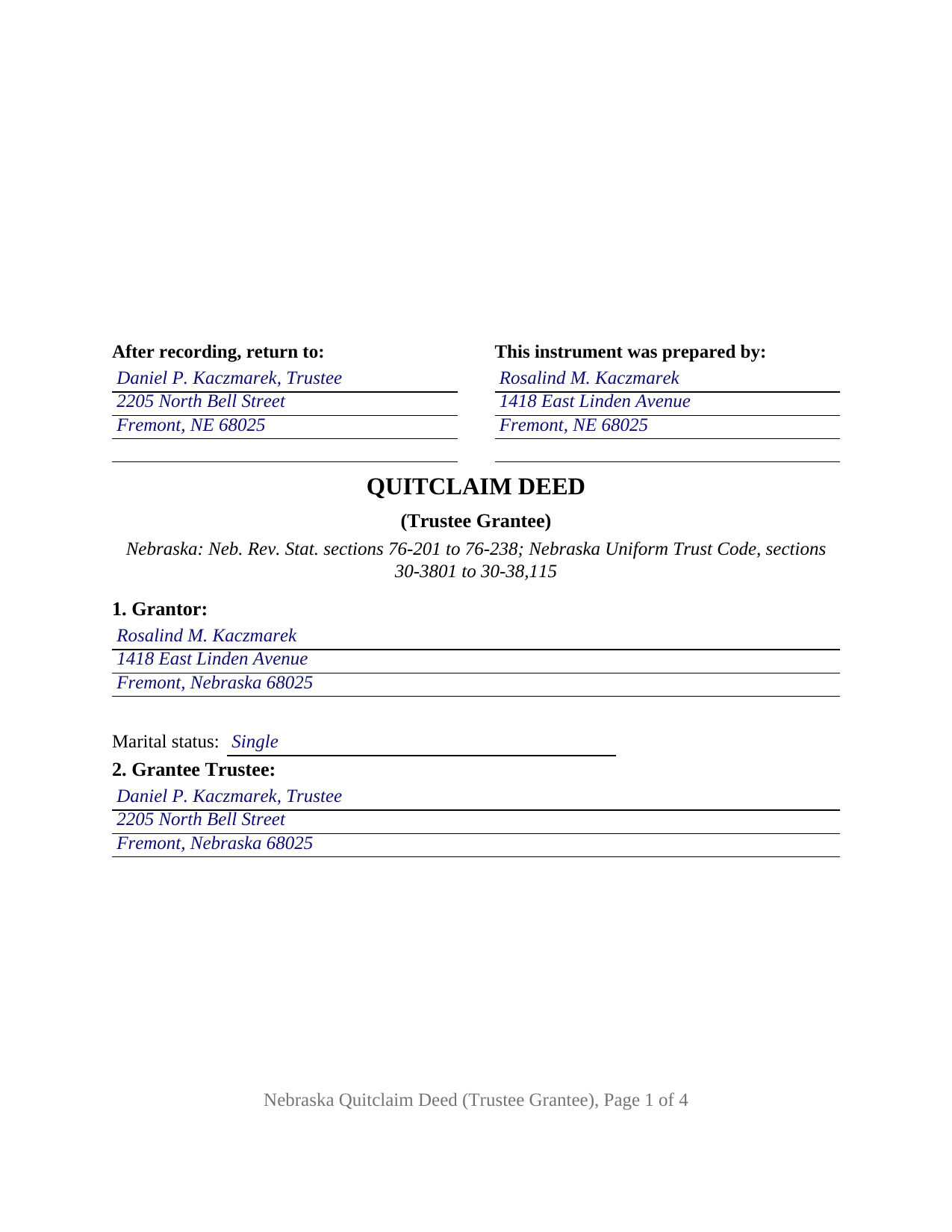 Greeley County Completed Example of the Quitclaim Deed (Trustee Grantee) Document