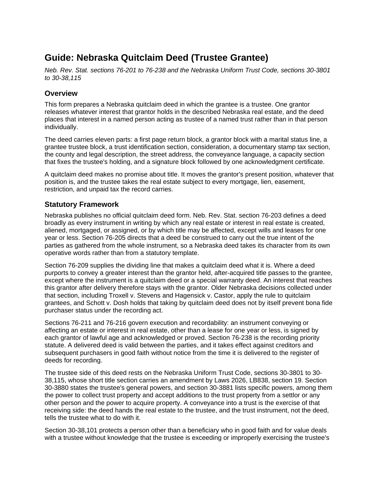 Greeley County Quitclaim Deed (Trustee Grantee) Guide
