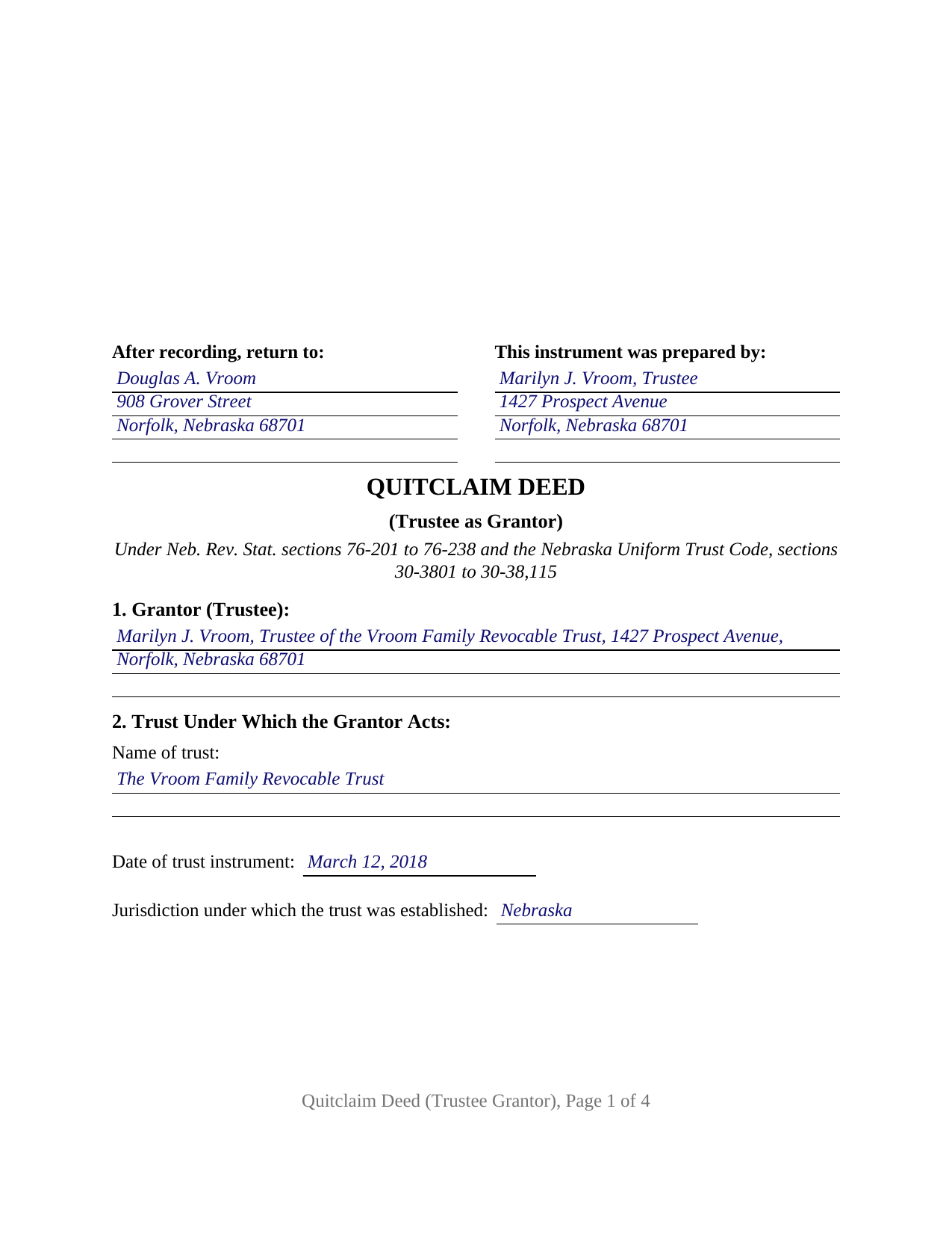 Nemaha County Completed Example of the Quitclaim Deed (Trustee Grantor) Document