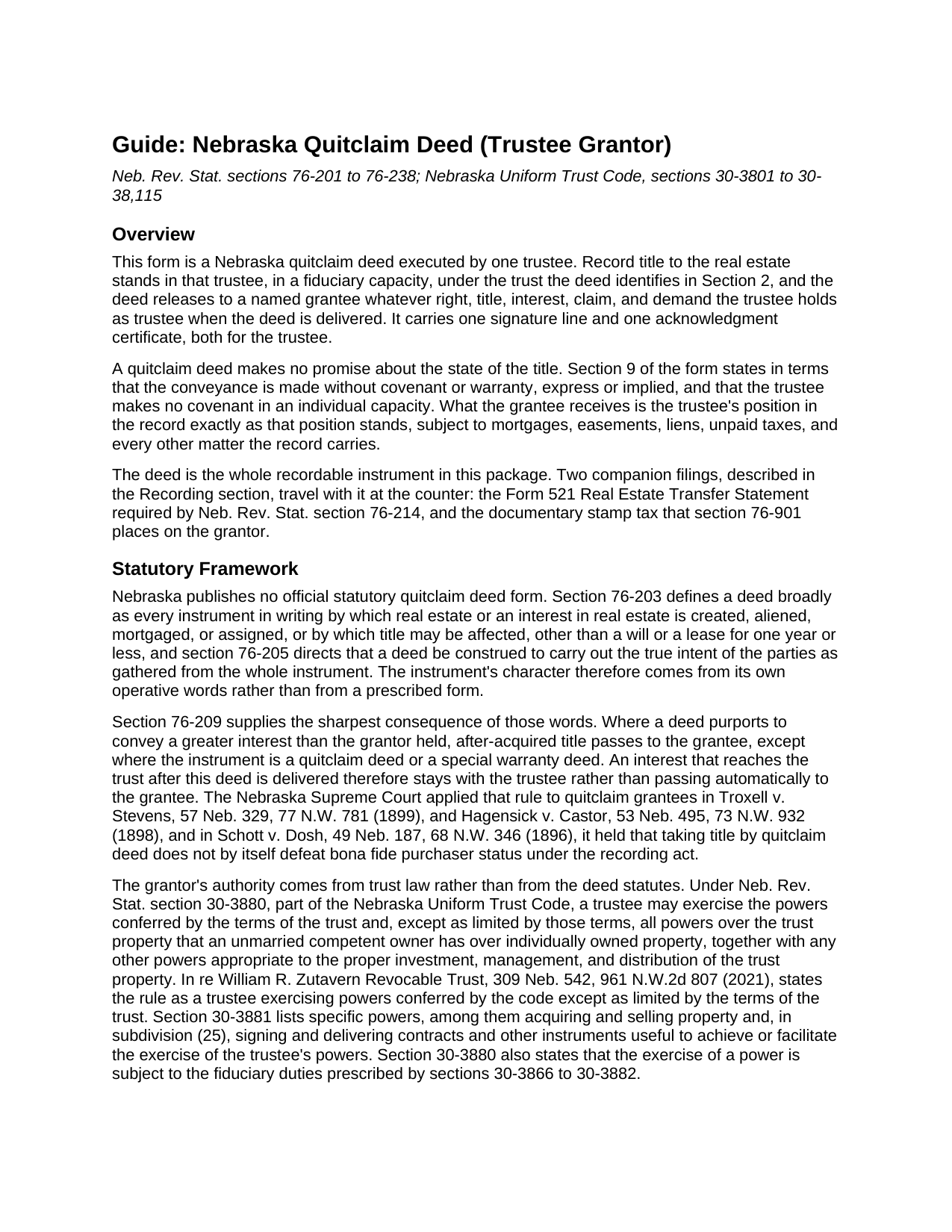 Nemaha County Quitclaim Deed (Trustee Grantor) Guide