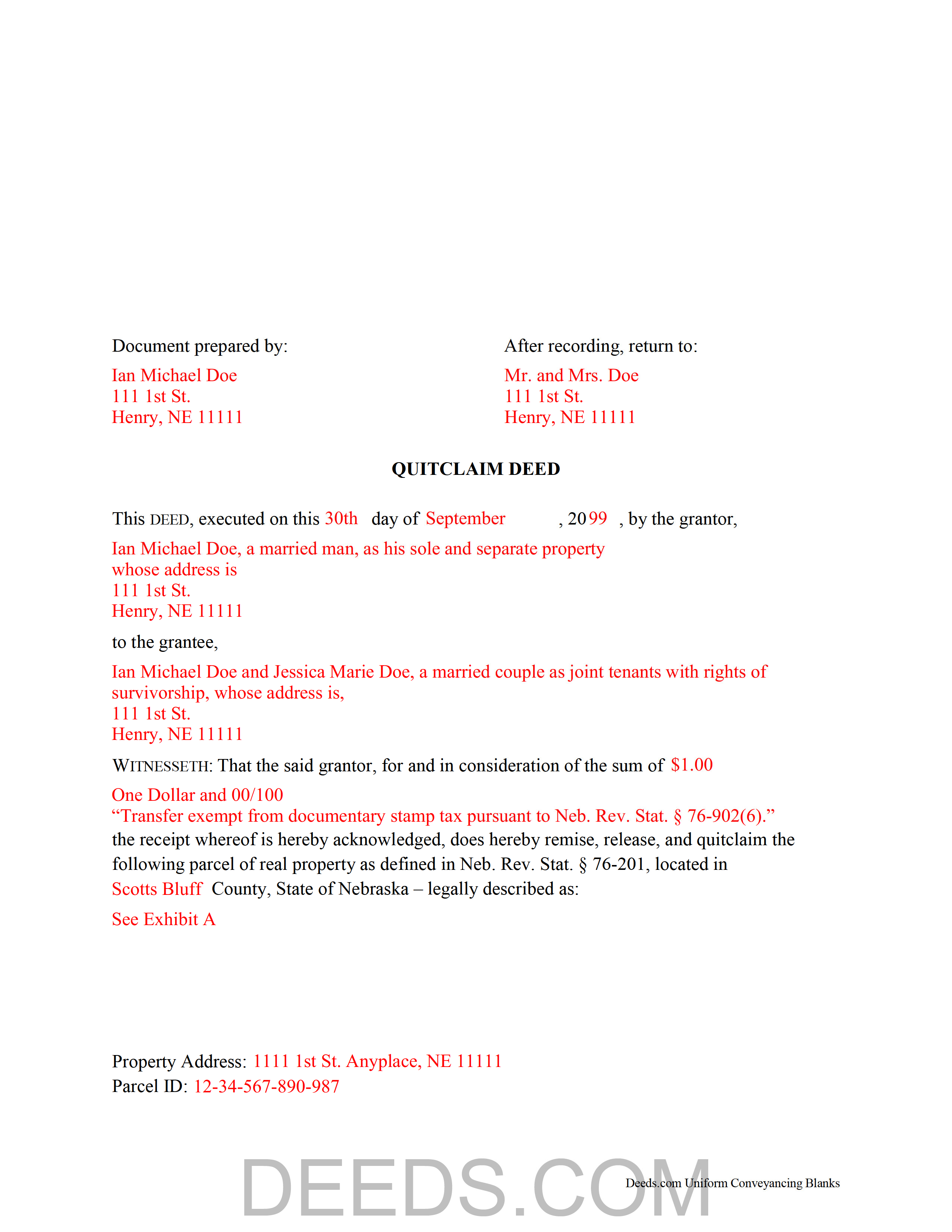 Cuming County Completed Example of the Quitclaim Deed Document