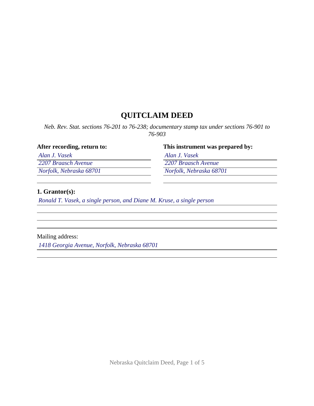 Richardson County Completed Example of the Quitclaim Deed Document