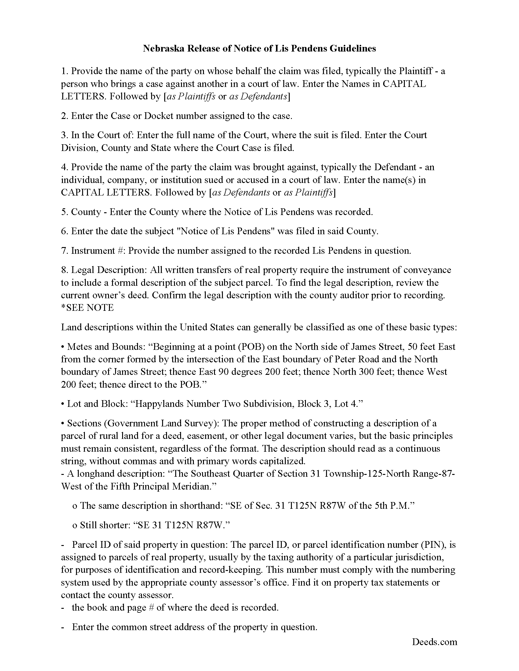 Cuming County Guidelines for Release of Notice of Lis Pendens