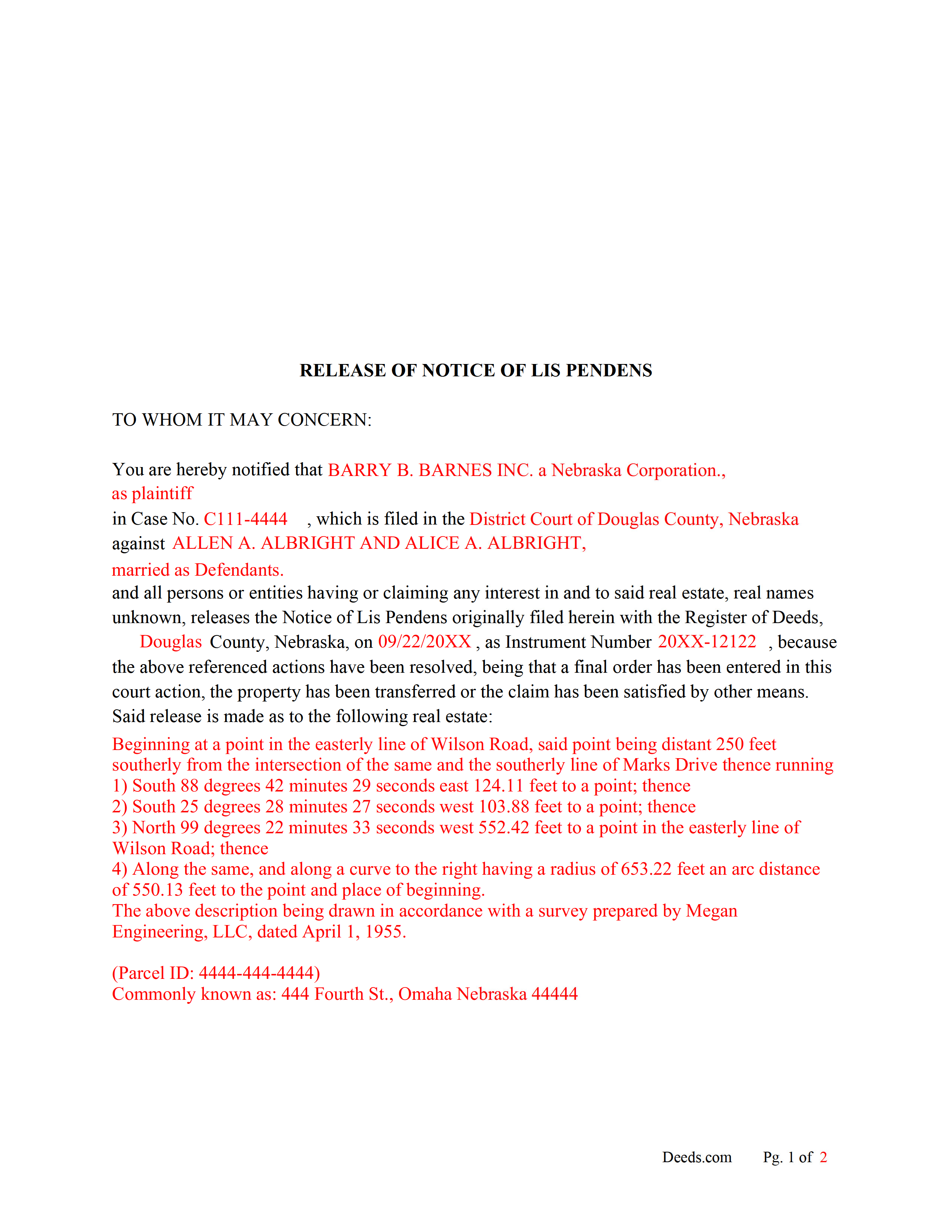 Cuming County Completed Example of the Release of Notice of Lis Pendens Document