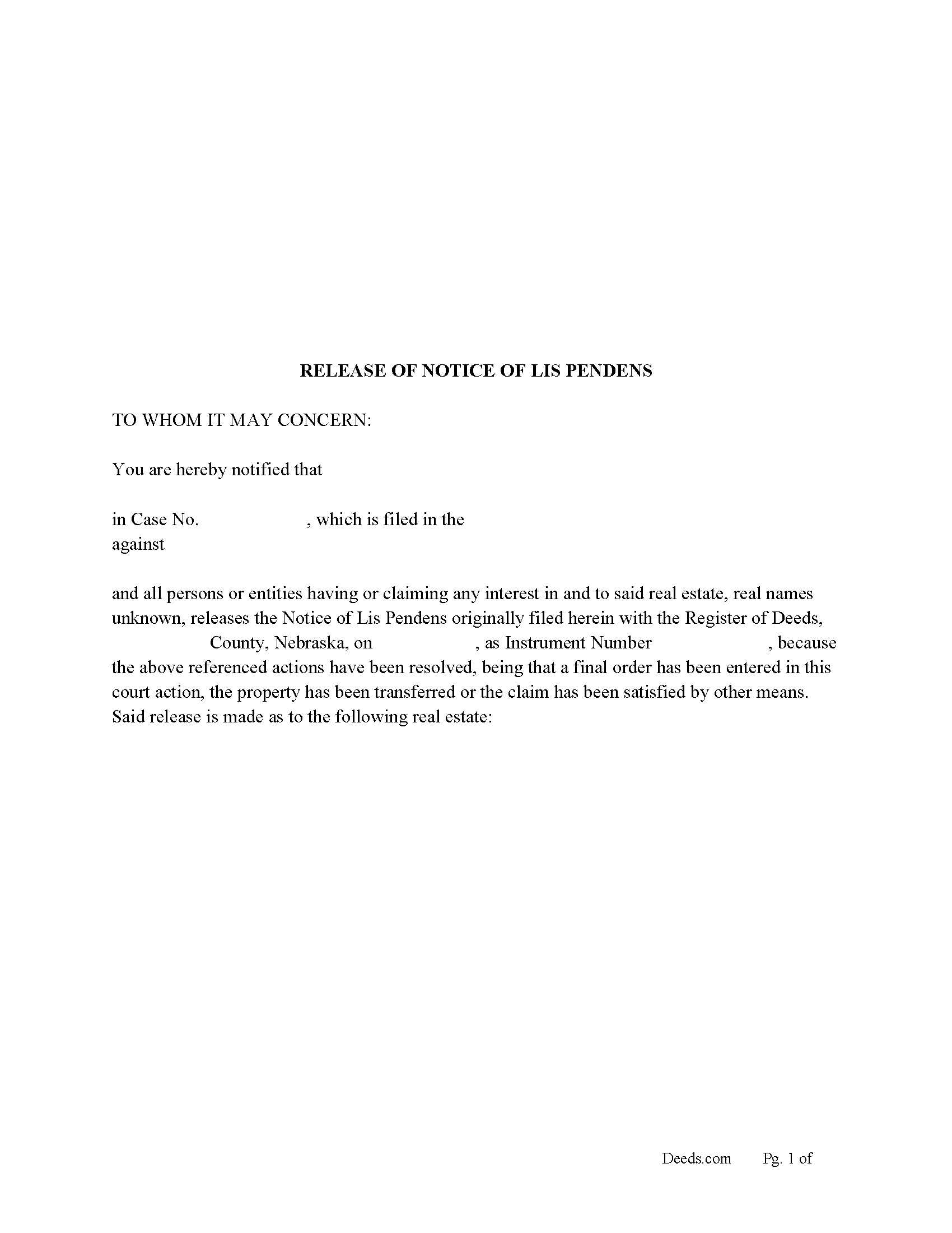 Cuming County Release of Notice of Lis Pendens Form