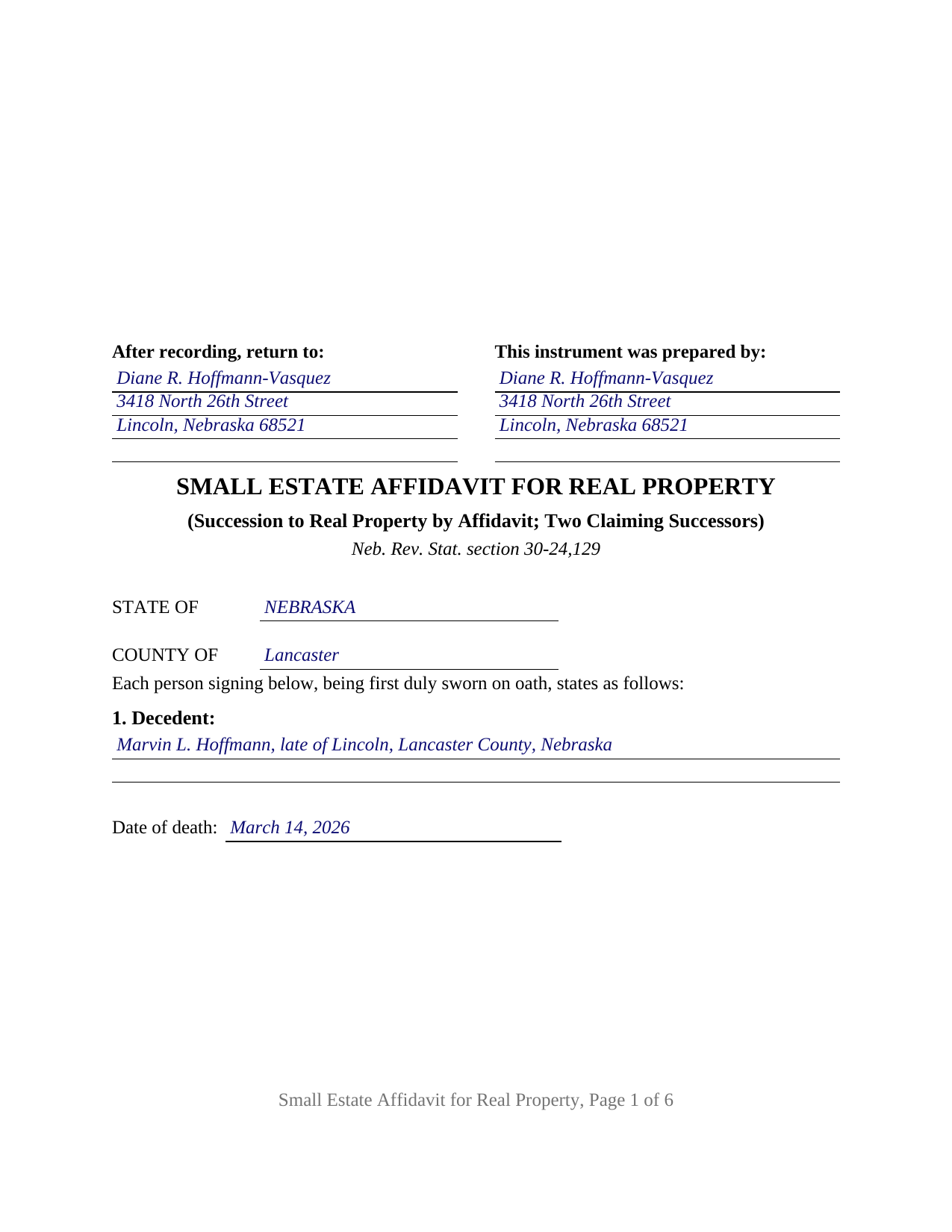 Boone County Completed Example of the Small Estate Affidavit for Real Property (Two Claiming Successors) Document