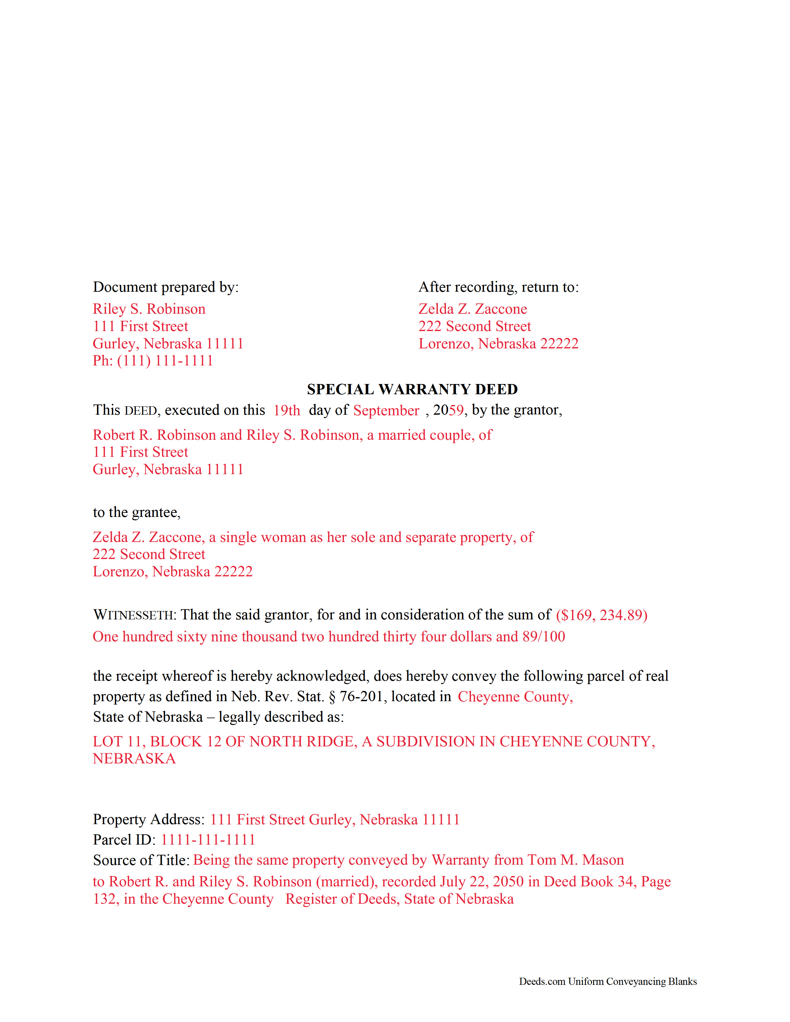 Cuming County Completed Example of the Special Warranty Deed Document