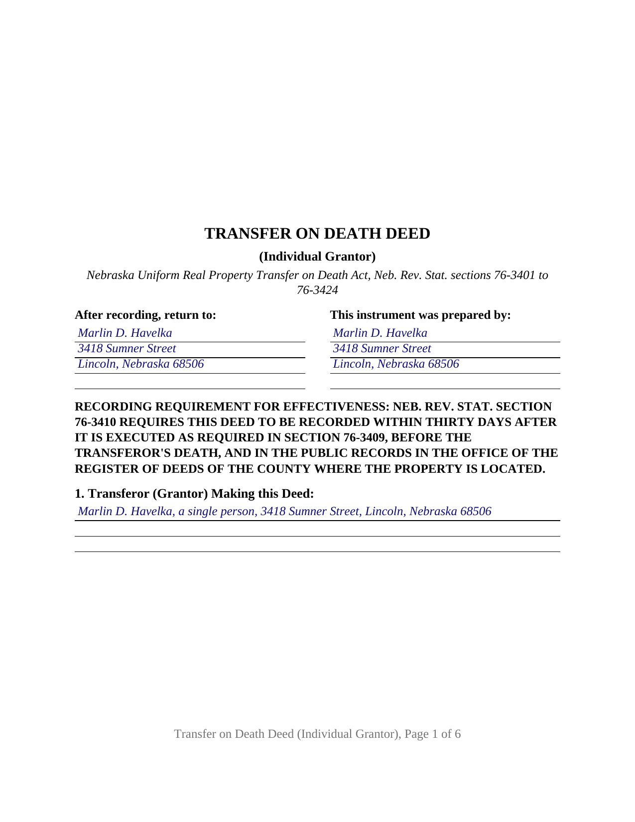 Arthur County Completed Example of the Transfer on Death Deed (Individual Grantor) Document