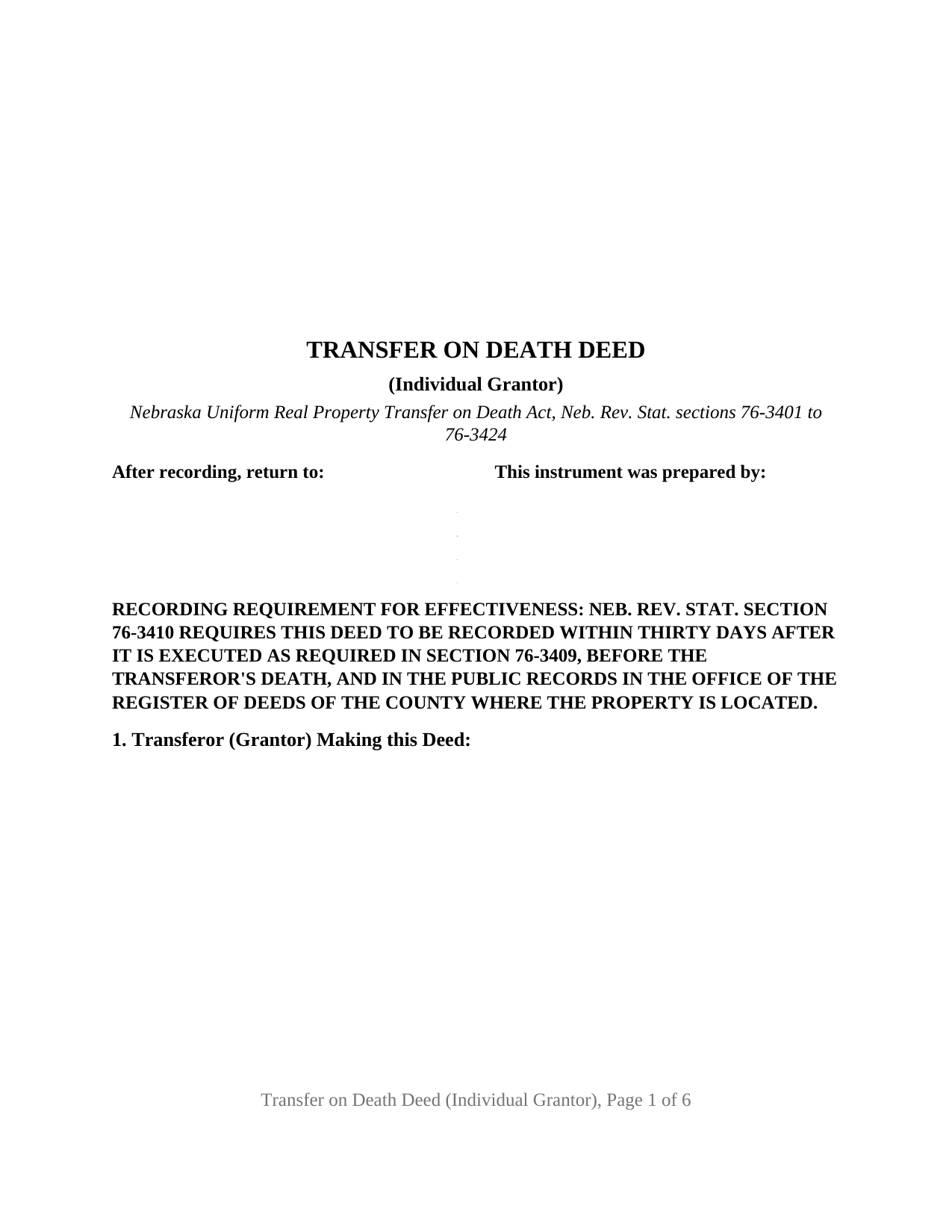 Arthur County Transfer on Death Deed (Individual Grantor) Form