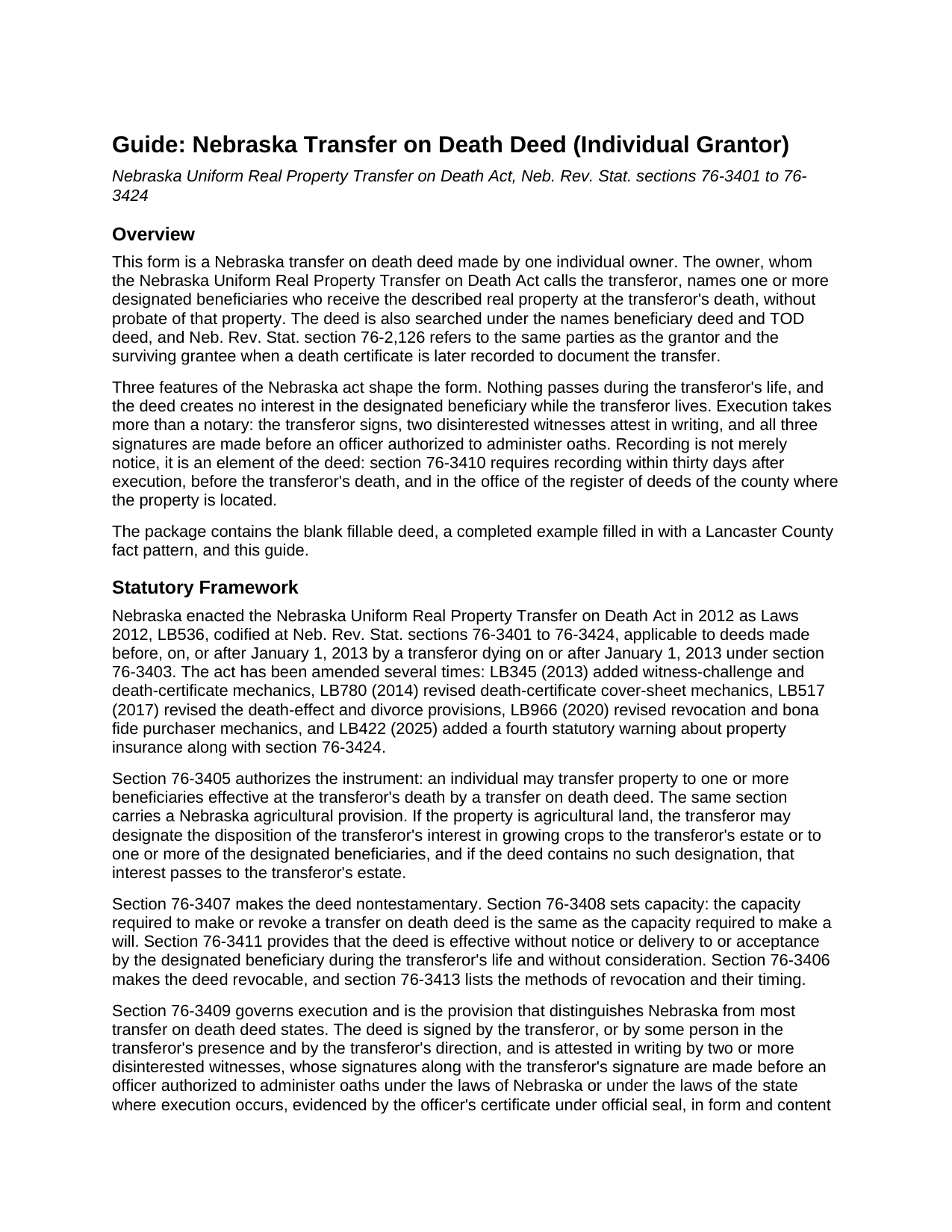 Arthur County Transfer on Death Deed (Individual Grantor) Guide