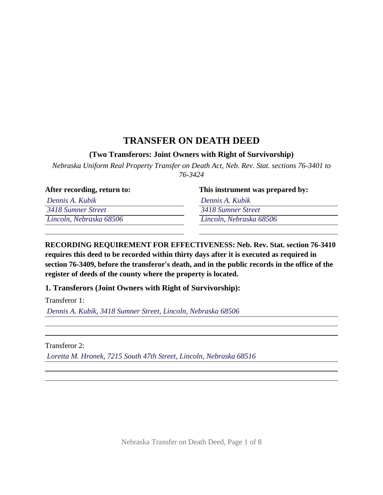 Cass County Completed Example of the Transfer on Death Deed (Joint Owners with Right of Survivorship) Document