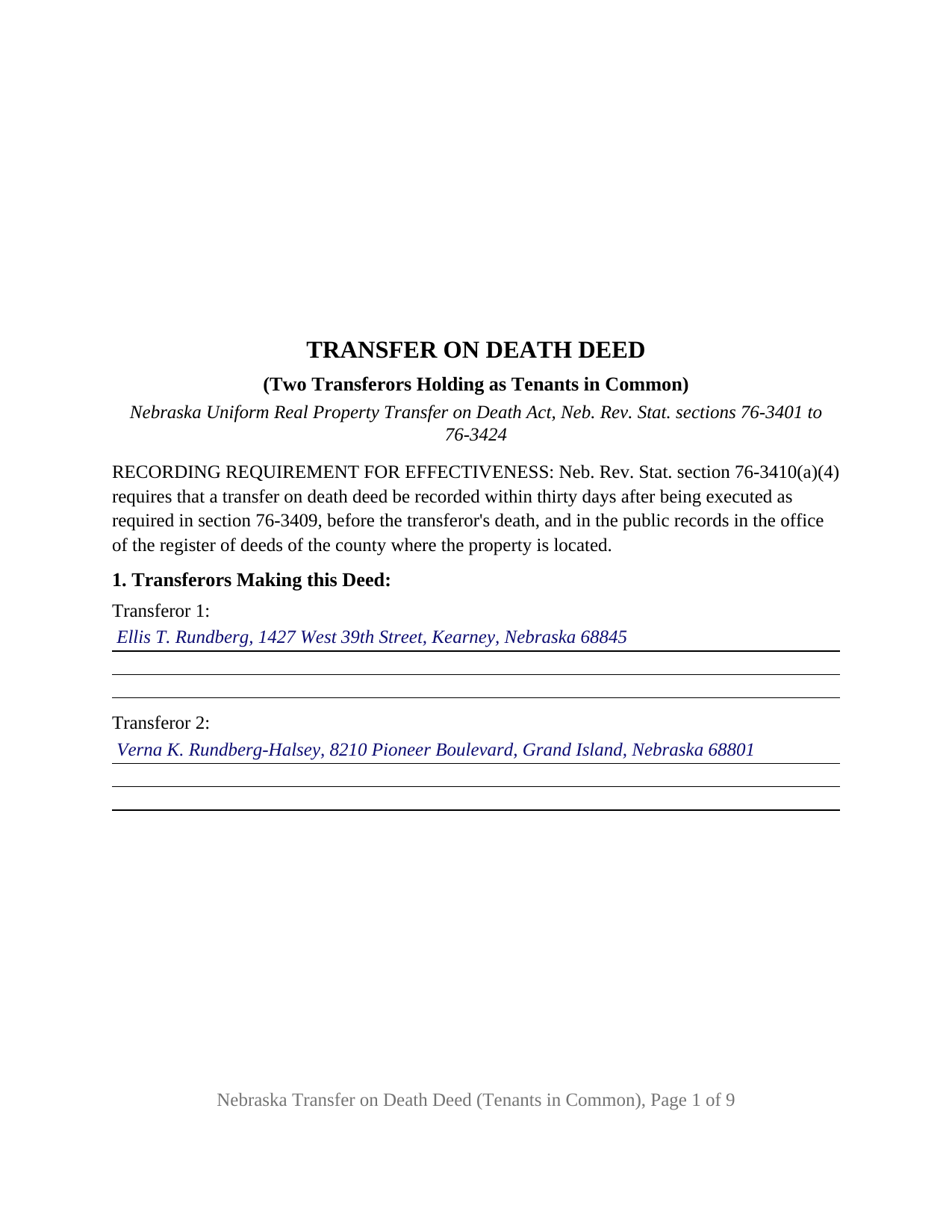 Boone County Completed Example of the Transfer on Death Deed (Tenants in Common) Document
