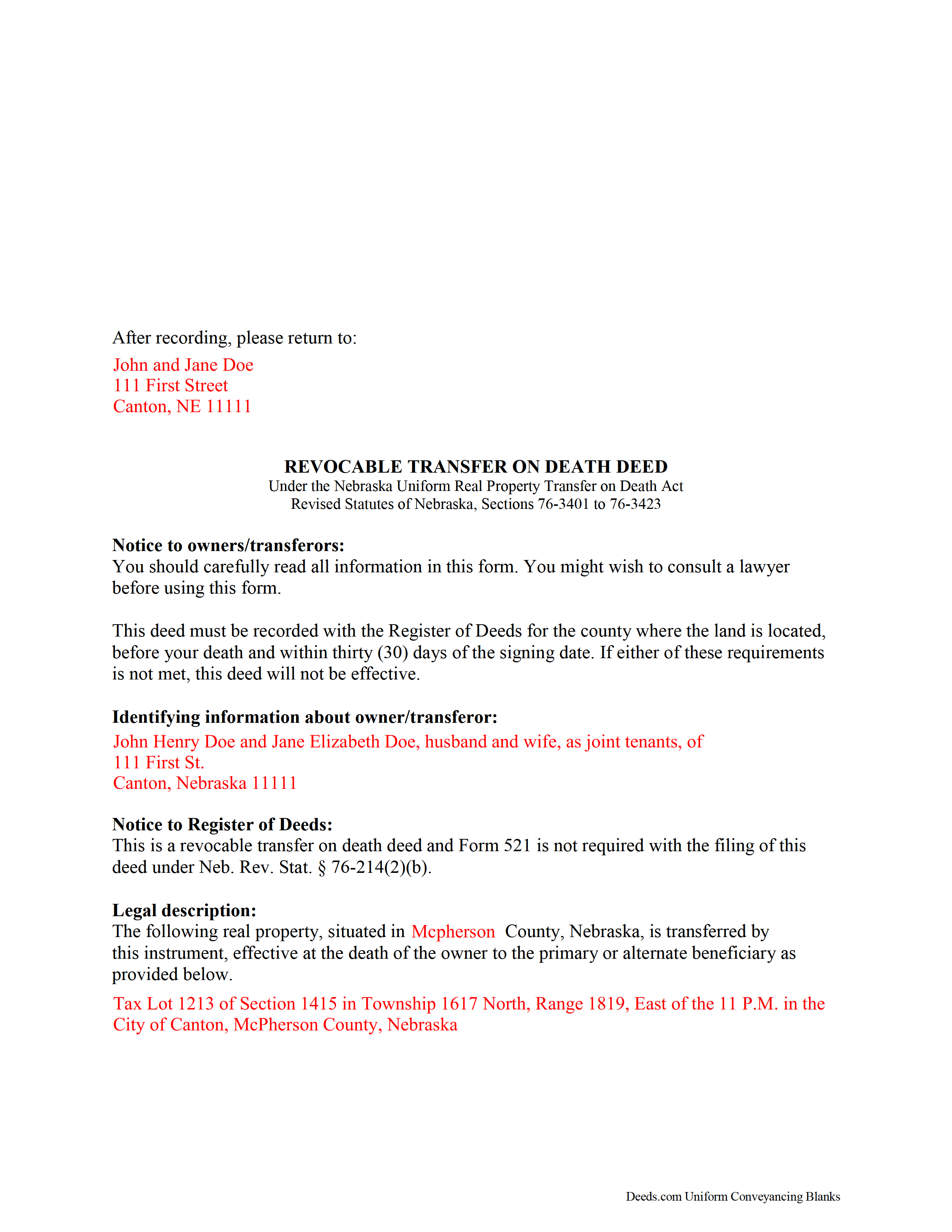 Knox County Completed Example of the Transfer on Death Deed Document