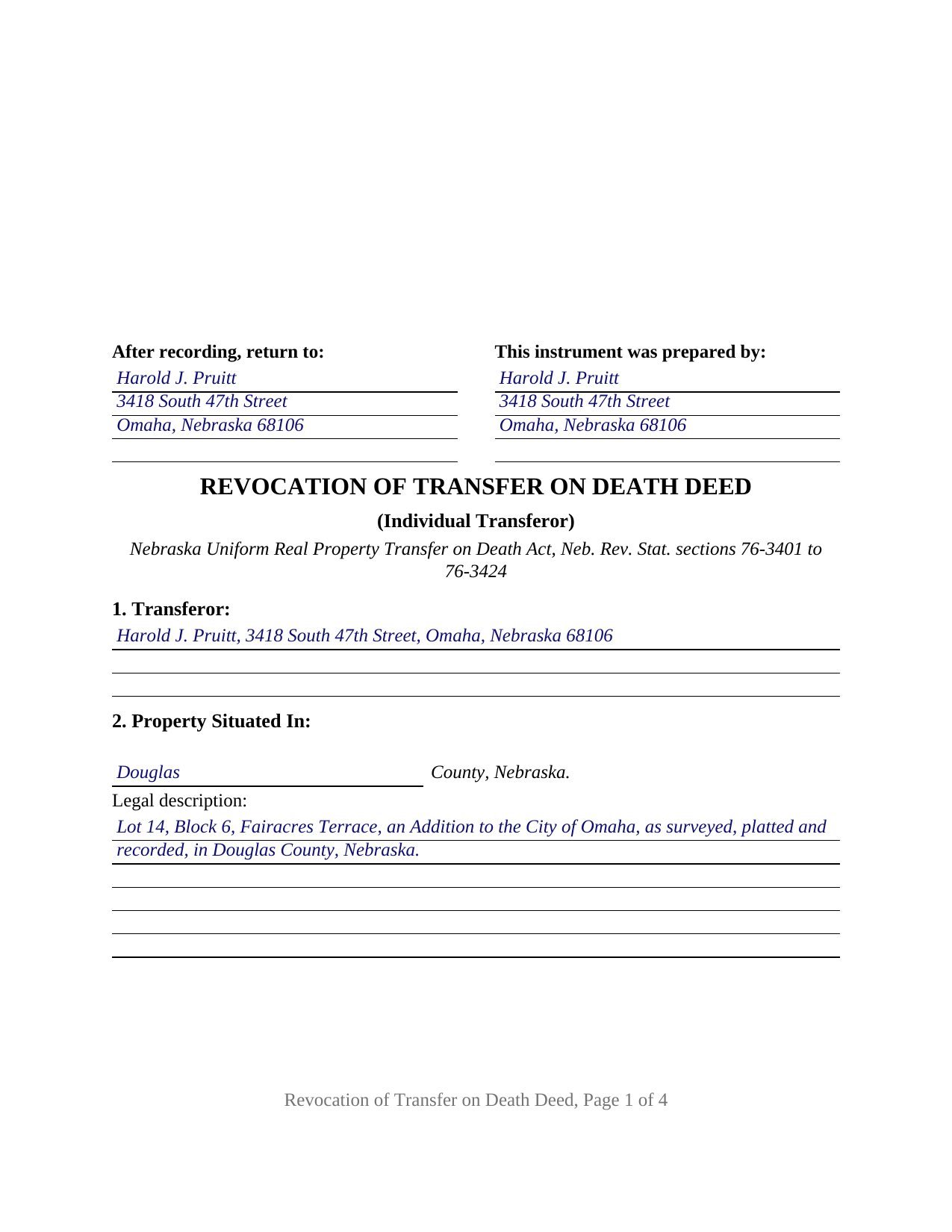 Antelope County Completed Example of the Transfer on Death Revocation (Individual Transferor) Document
