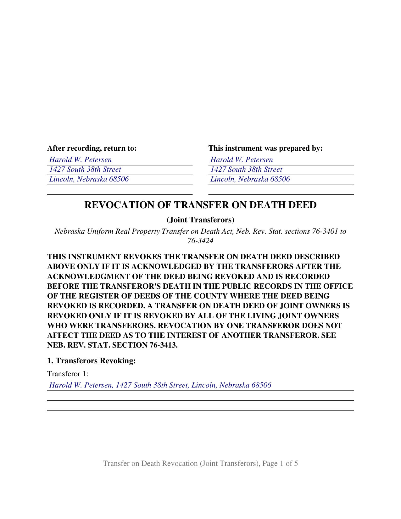 Keya Paha County Completed Example of the Transfer on Death Revocation (Joint Transferors) Document