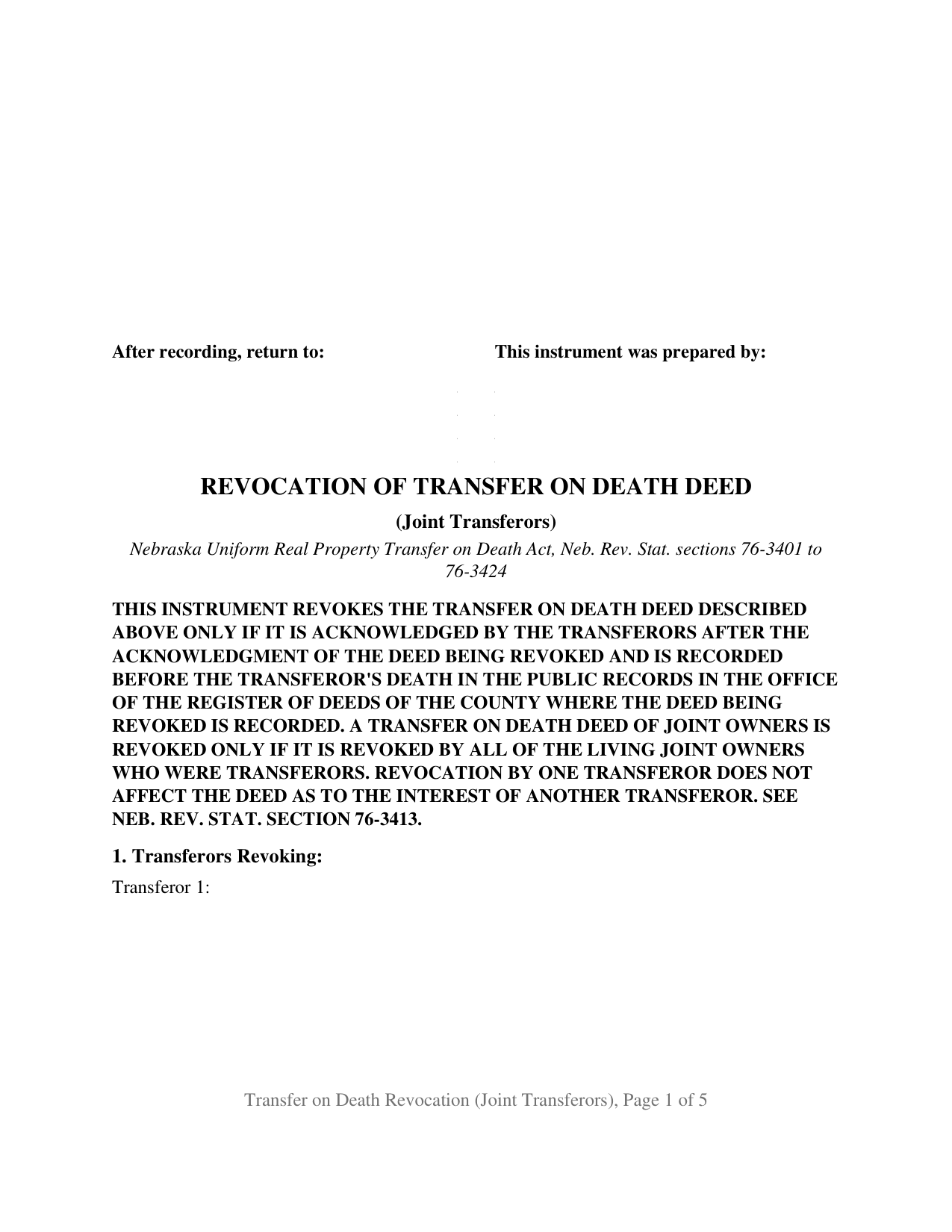 Keya Paha County Transfer on Death Revocation (Joint Transferors) Form