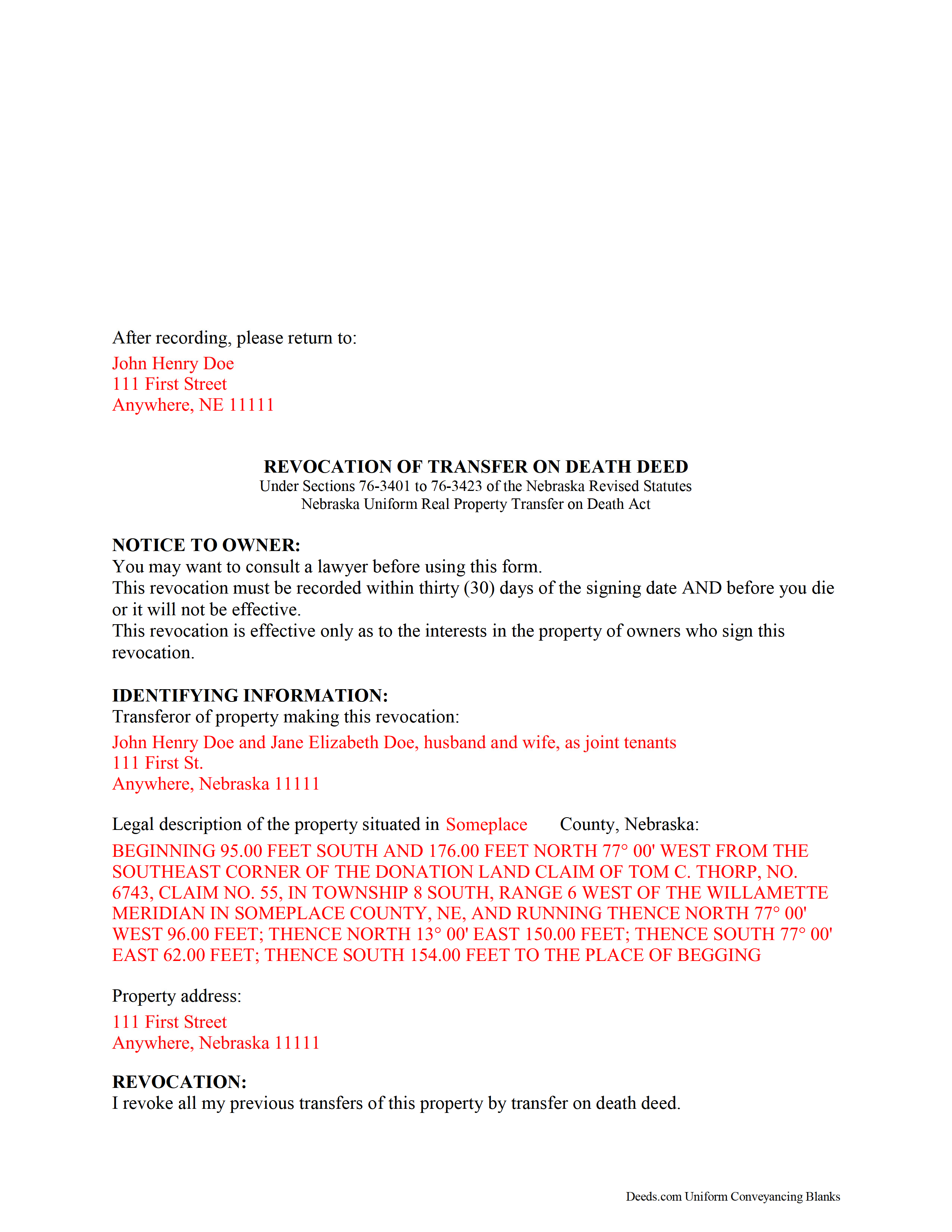 Saunders County Completed Example of the Transfer on Death Revocation Document