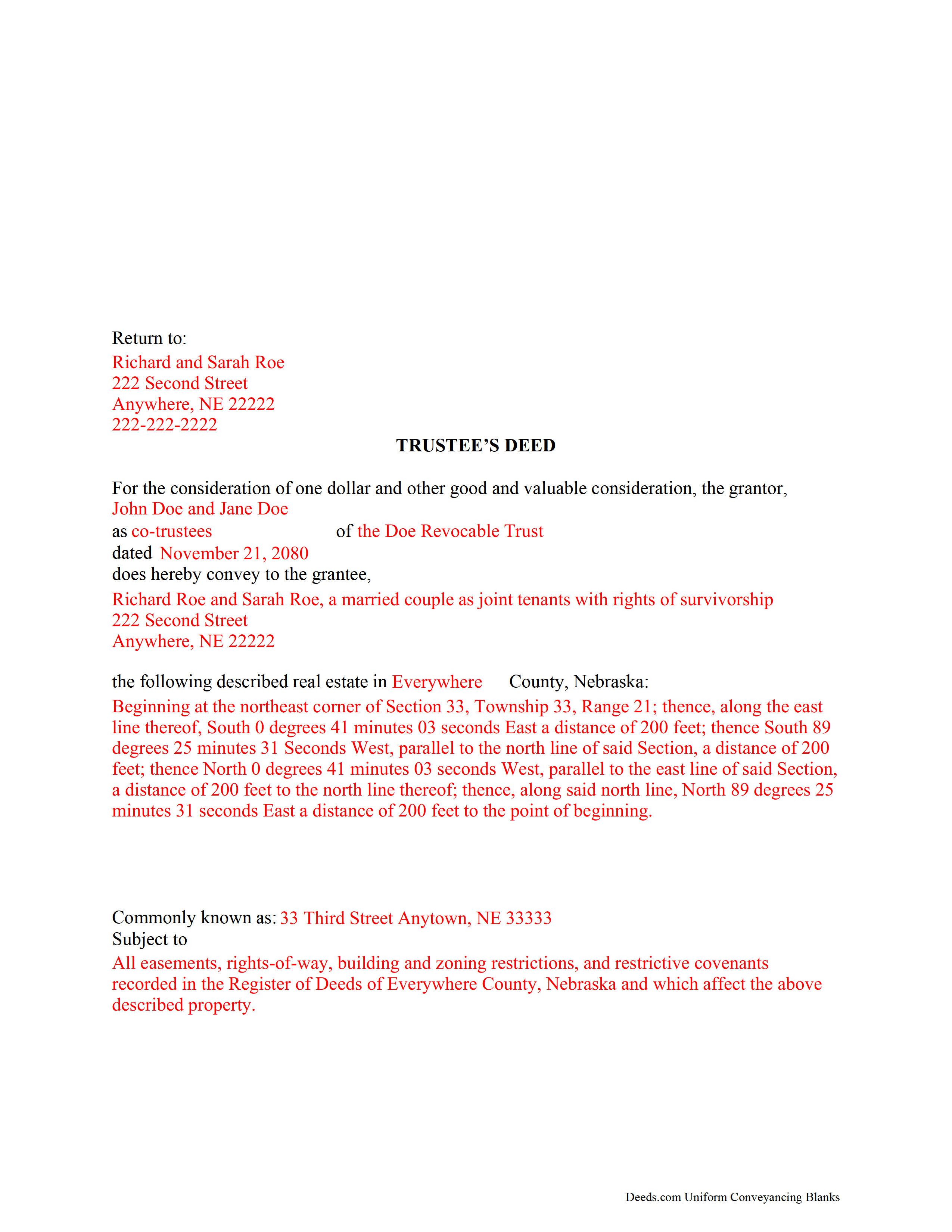 Cuming County Completed Example of the Trustee Deed Document