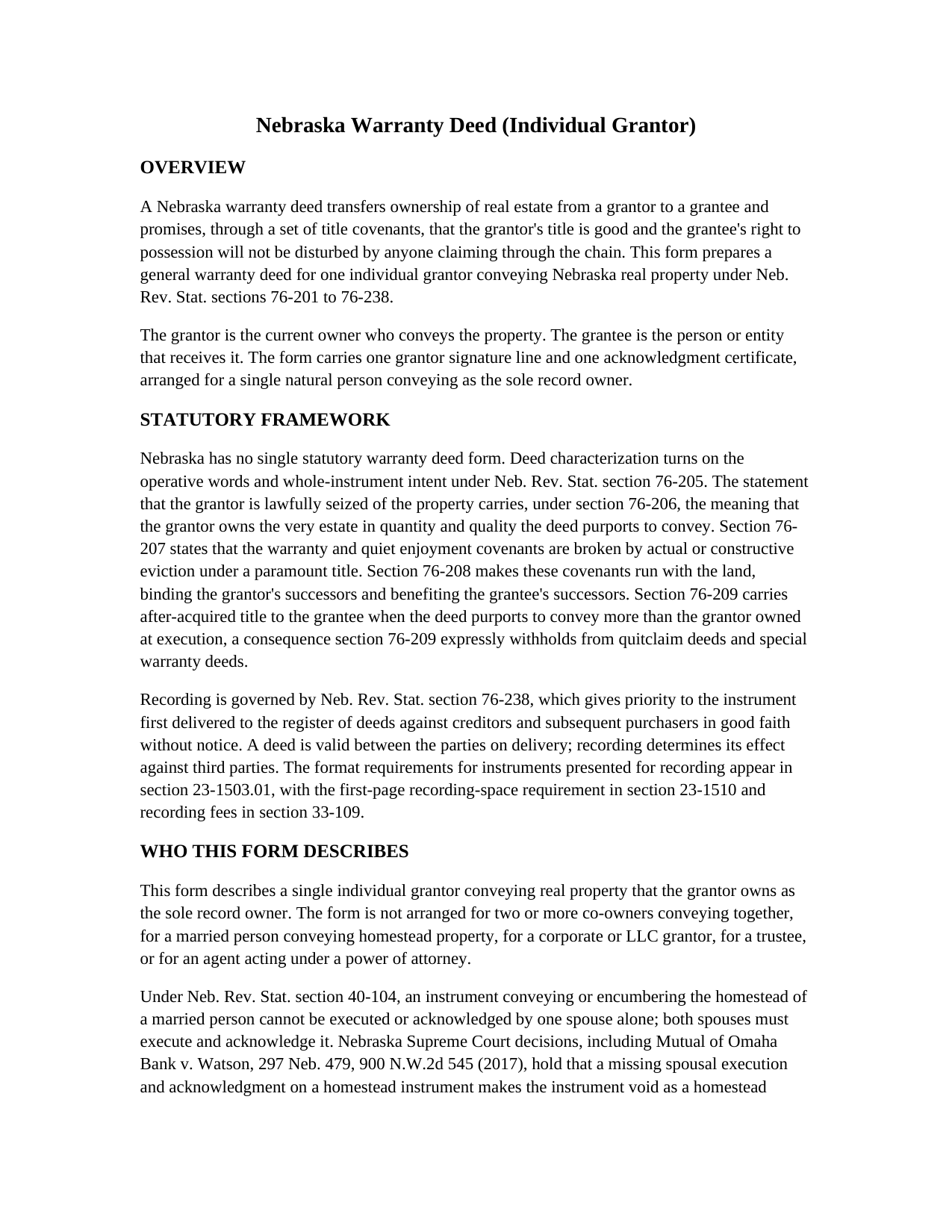 Cheyenne County Warranty Deed (Individual Grantor) Guide